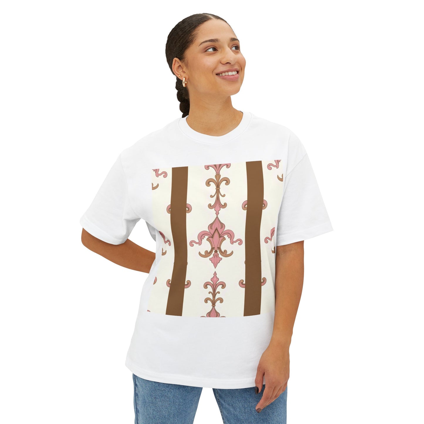 Chic Floral Boxy Tee, Oversized Unisex Tee, Casual Style Shirt, Summer Fashion Top, Gift for Trendsetters - Brown Striped Pink Arabesque