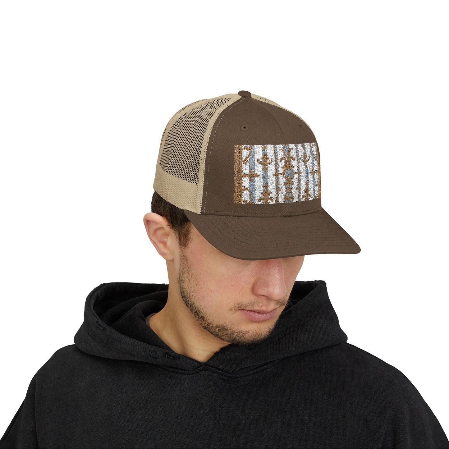 Stylish Snapback Trucker Cap with Nature-Inspired Design - Summer Festivals - Matte Gray & Cream Striped Gold Baroque