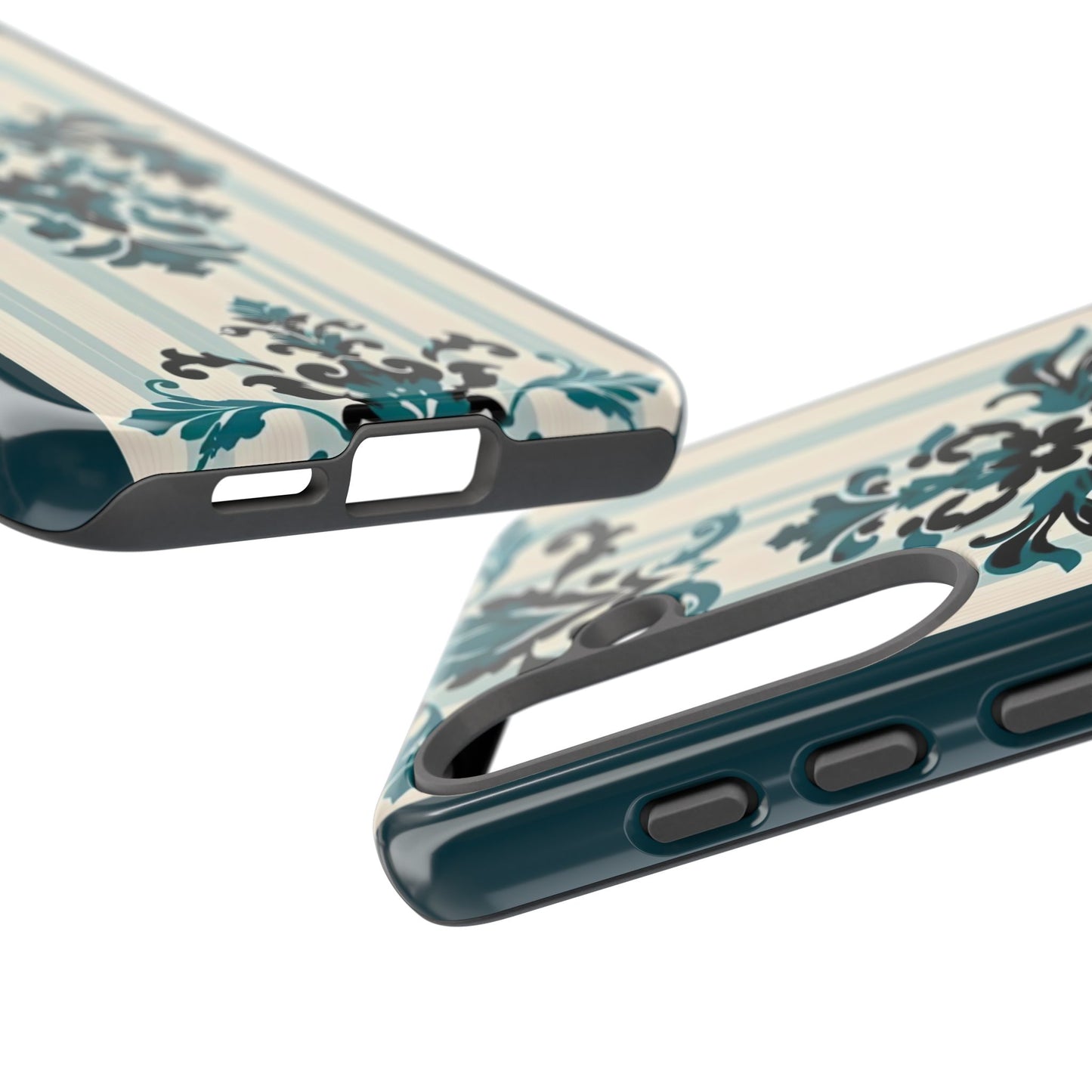 Elegant Floral Phone Case - Tough Cases with Vintage Design - Teal Striped Damask