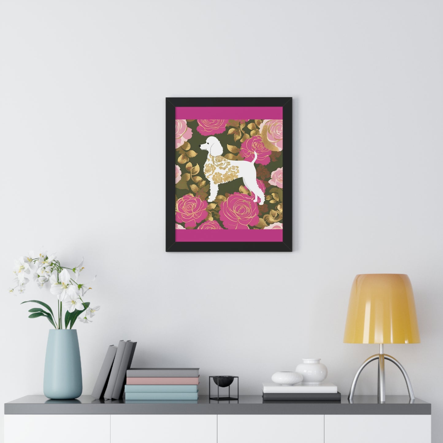 Vertical Poster - Stylish Framed - Art for Home Decor - Damask White Poodle & Pink Roses