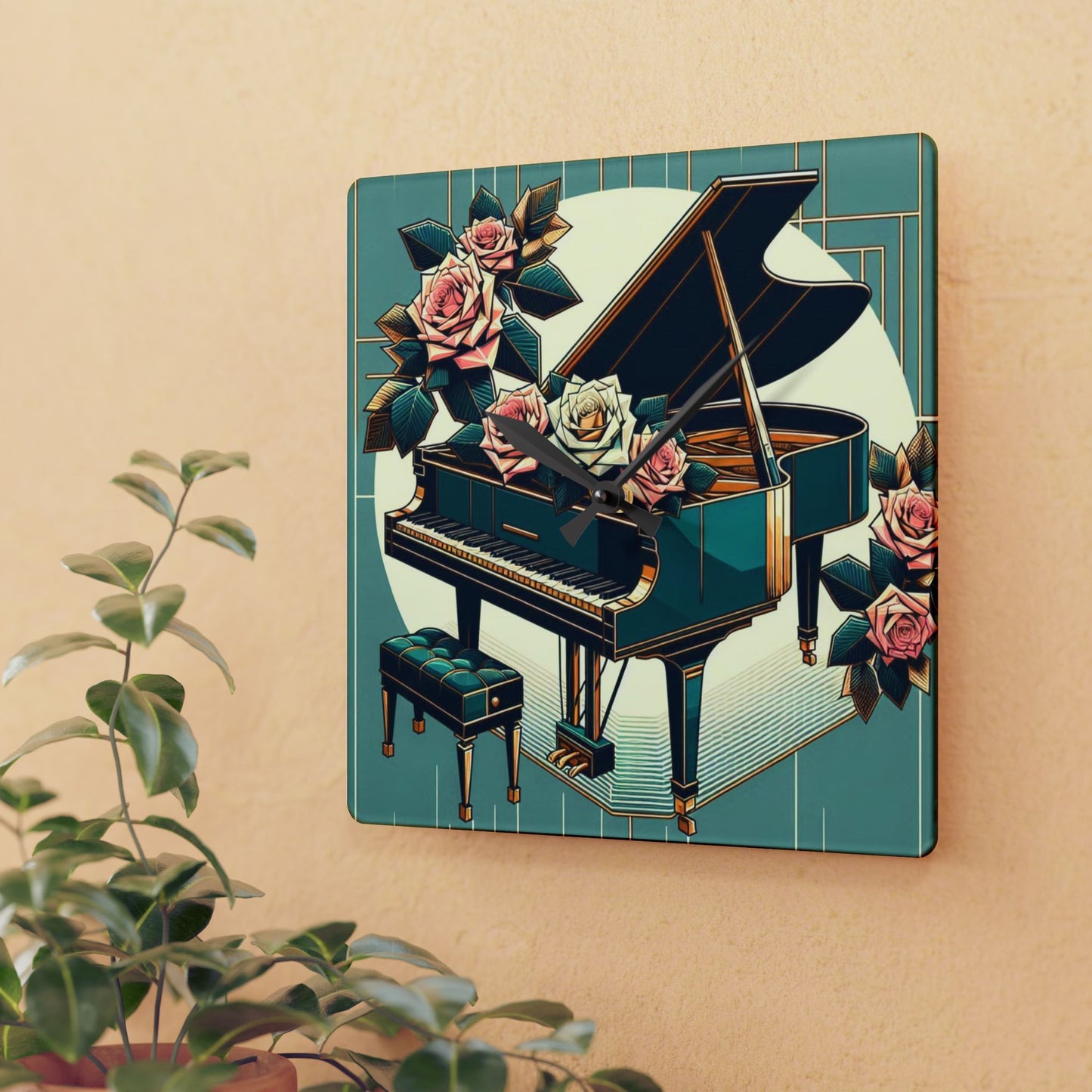 Elegant Piano & Roses Acrylic Wall Clock - Timeless Decor for Music Lovers