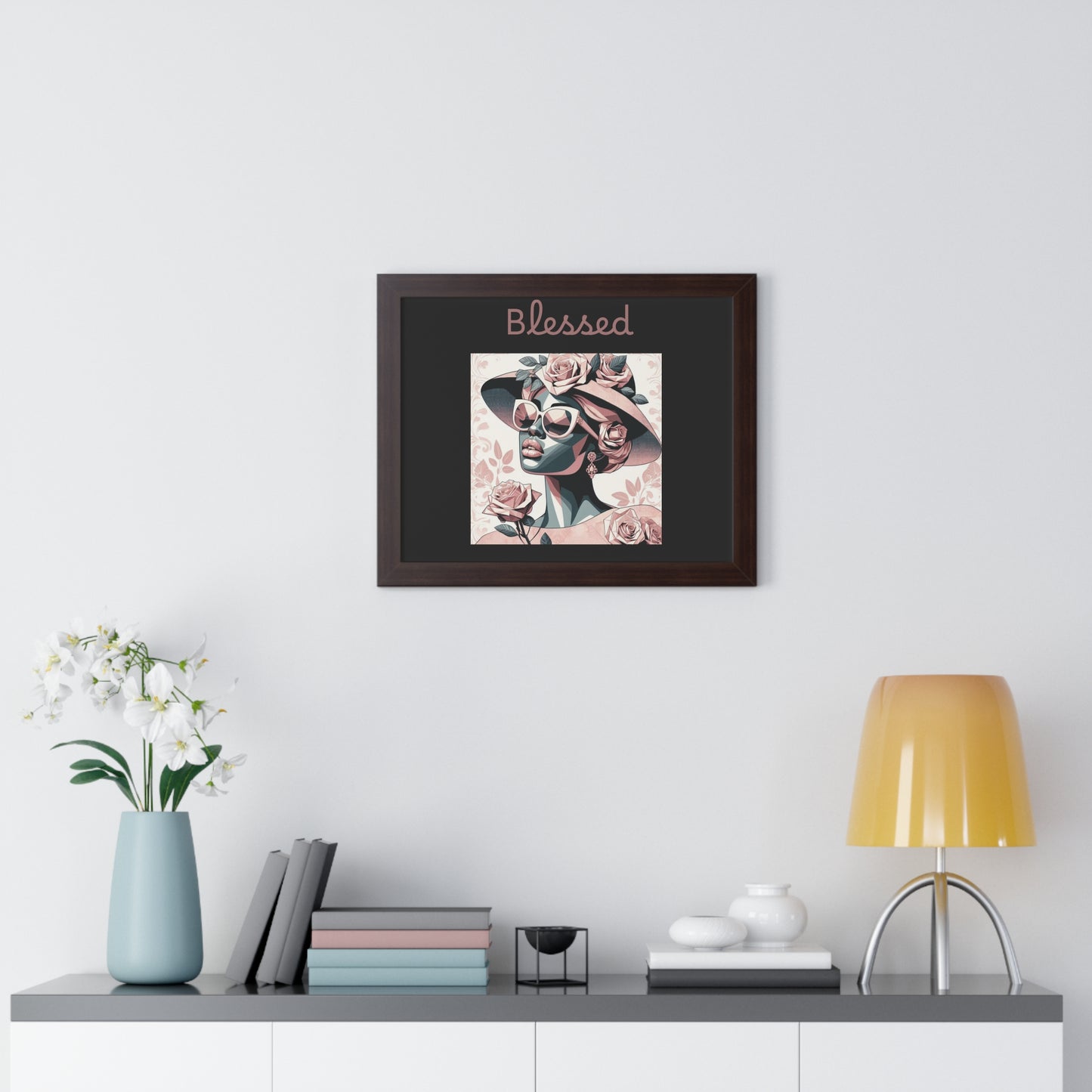 Framed Art Print: Blessed Floral Wall Decor, Inspirational Home Gift, Boho Art for Living Room, Stylish Gift for Friends, Modern Wall Art