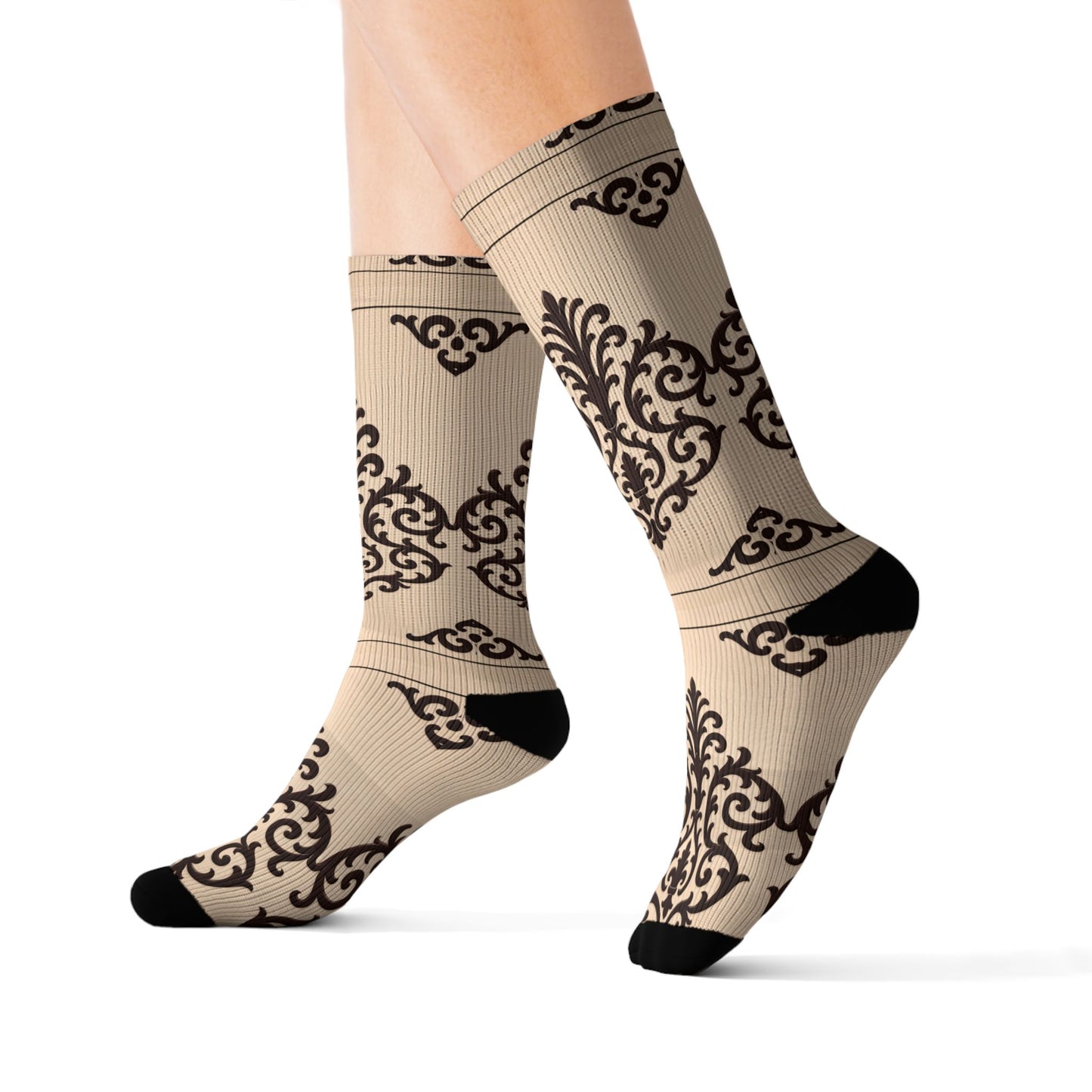 Almond-Beige & Brown Baroque Sublimation Socks – Vintage Baroque Pattern Crew Socks