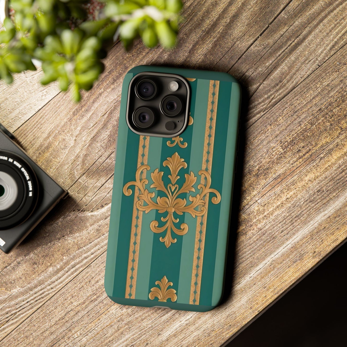 Elegant Floral Motif Phone Case - Tough Cases with Vintage Design - Teal Striped Gold Damask
