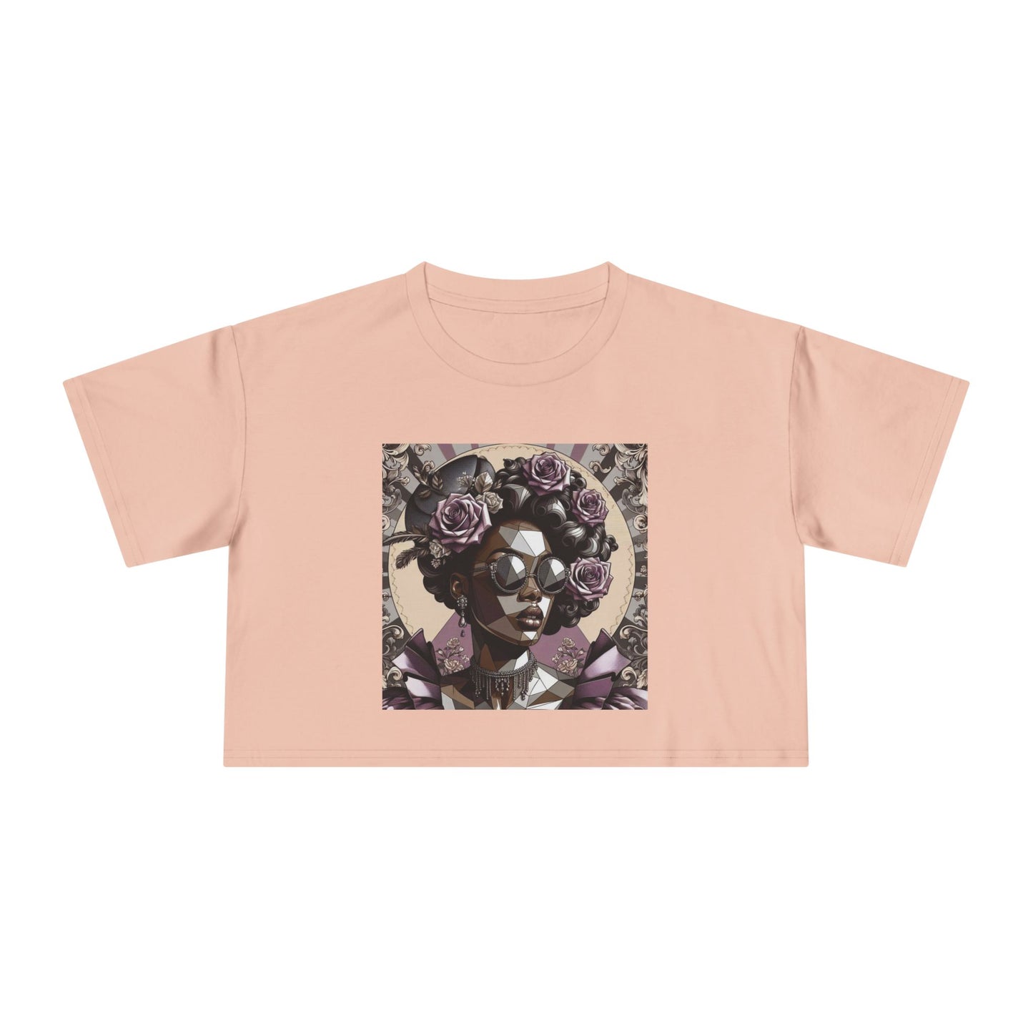 Poly Art Chic Women's Crop Tee - Floral Art Inspired Shirt, Casual Summer Wear, Festival Top, Vintage Style - Lilac Baroque Lady