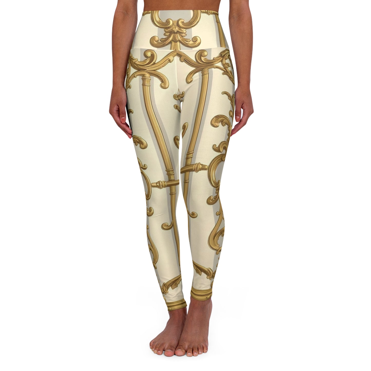 Elegant High Waisted Yoga Leggings, Artistic Activewear for Yoga, Fitness & Lounge, Unique Gift for Her - Matte Gray & Cream Striped Gold Baroque