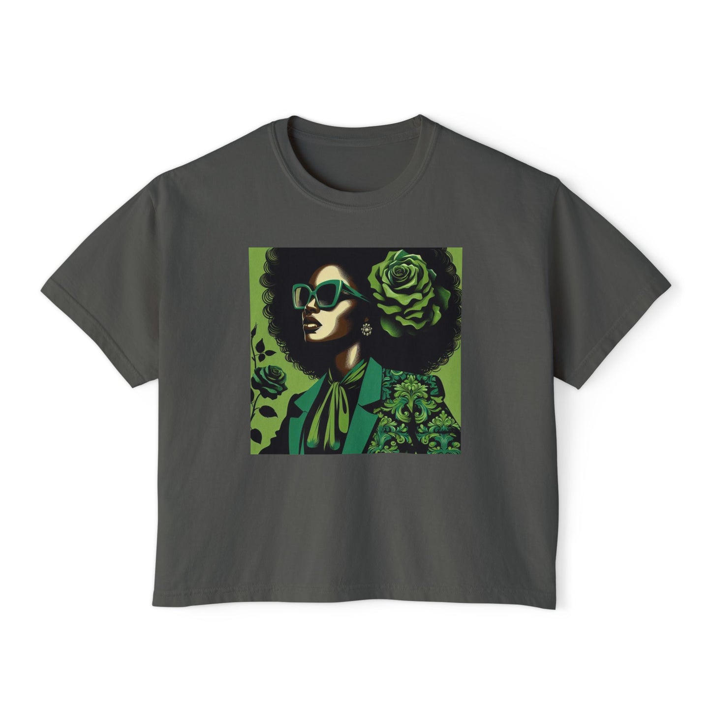 Chic Women's Boxy Tee - Vintage Afro Art, Trendy Casual Look, Gift for Her, Summer Style, Eco-Friendly Fashion - Lady in Green Damask