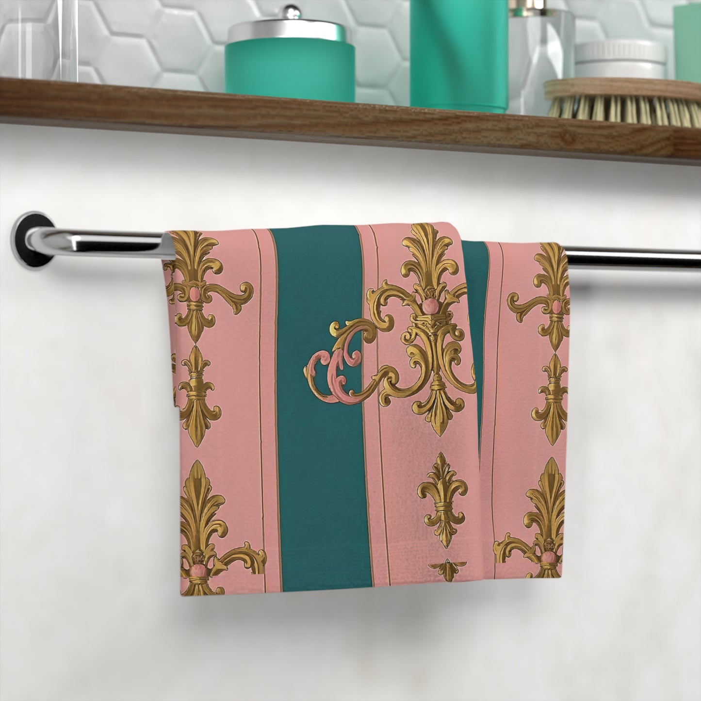 Elegant Decorative Face Towel, Luxurious Bathroom Accessory, Chic Gift, Home Decor - Pink & Teal Striped Gold Baroque