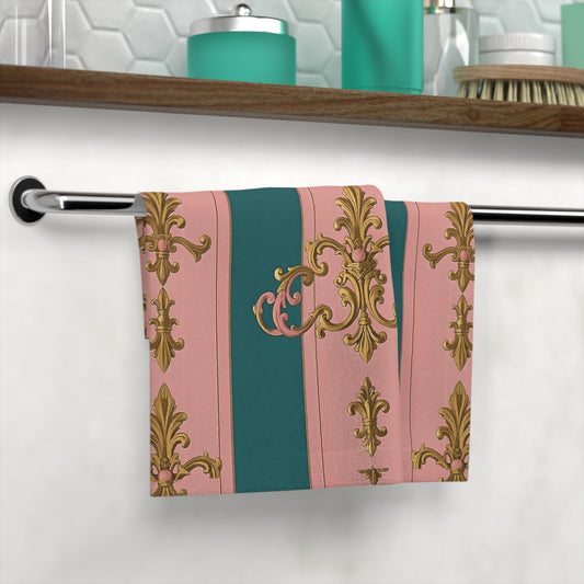 Elegant Decorative Face Towel, Luxurious Bathroom Accessory, Chic Gift, Home Decor - Pink & Teal Striped Gold Baroque