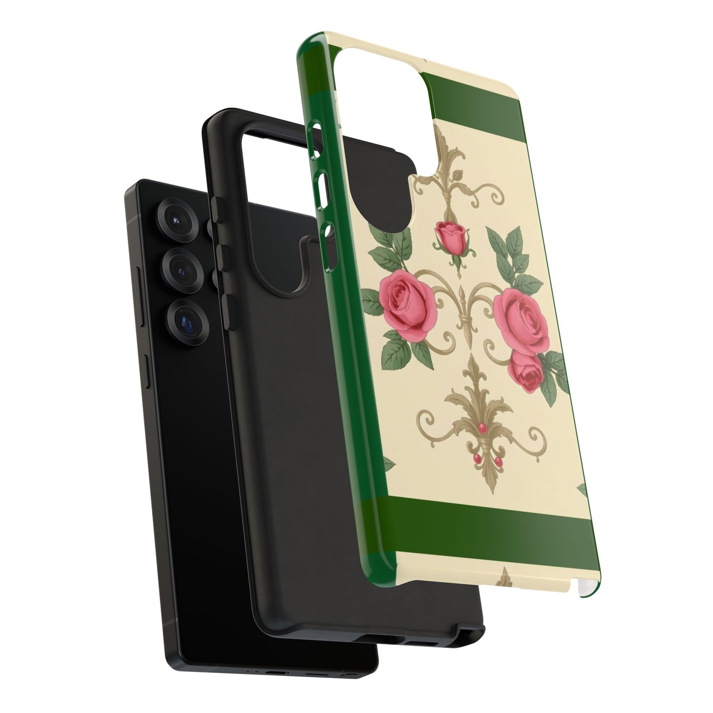 Elegant Floral Motif Phone Case - Tough Cases with Vintage Design - Green Border Roses & Damask
