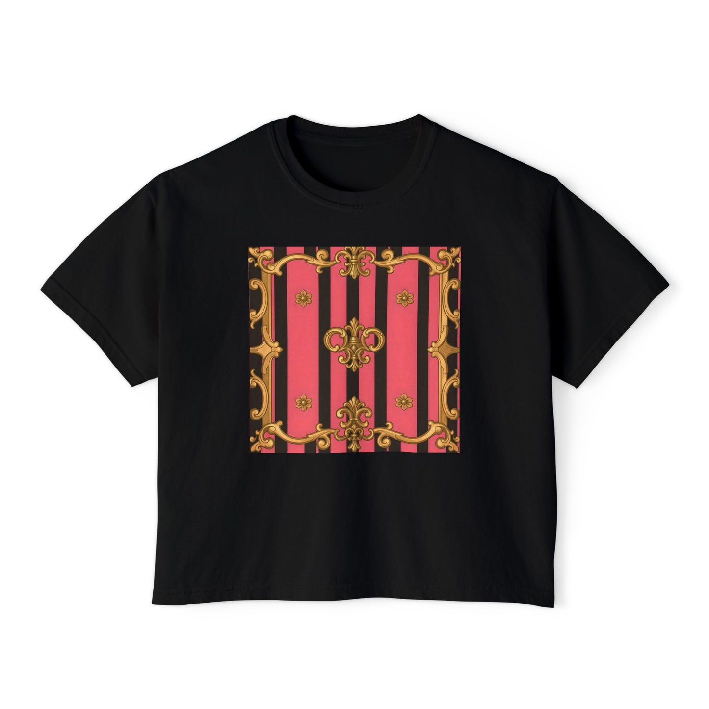 Chic Graphic Boxy Tee - Trendy Women's Casual Top, Festival Shirt, Gift for Her, Baroque Style - Pink & Black Striped Gold Baroque