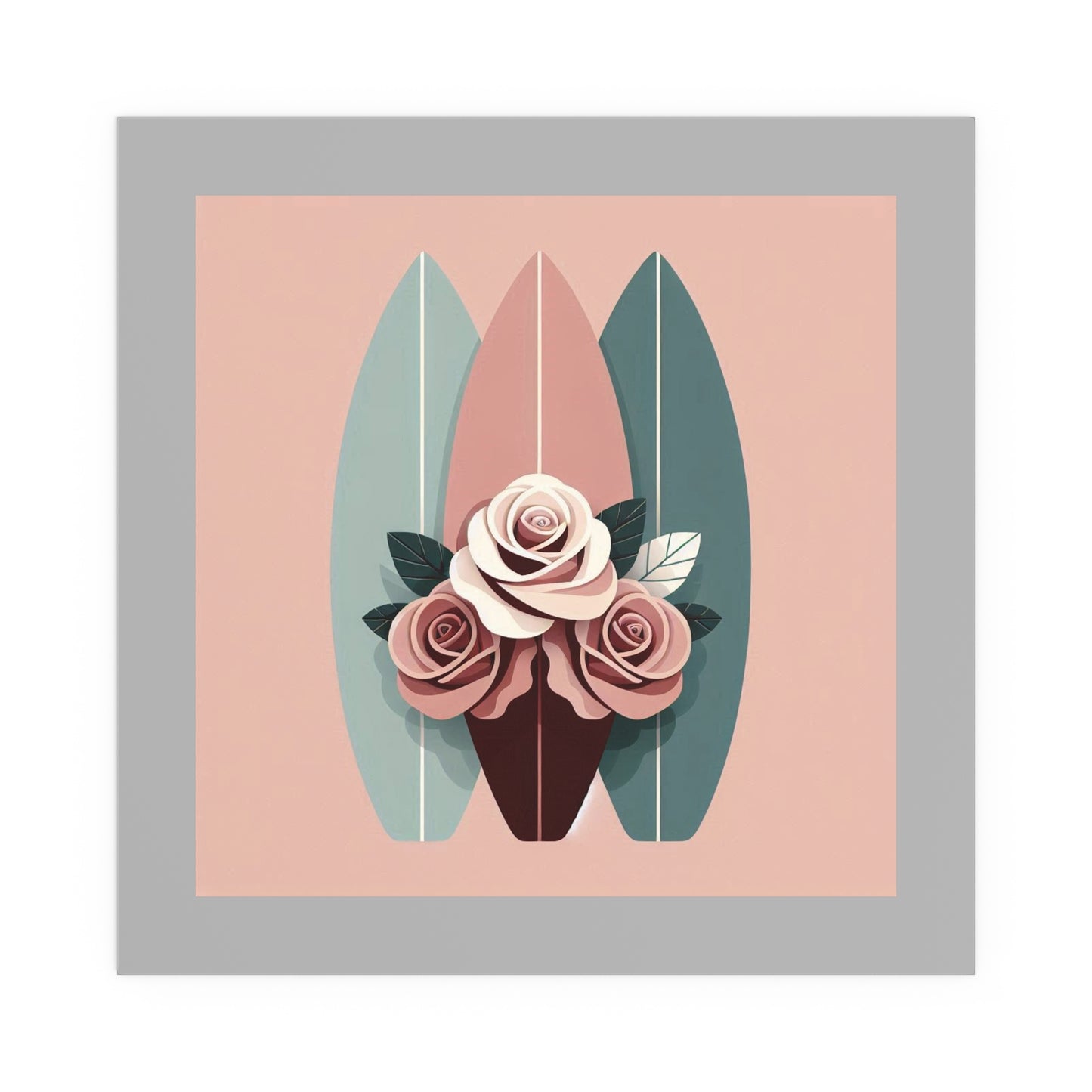 Elegant Floral Silk Poster - Indoor/Outdoor Wall Art for Home Decor - Burgundy, Matte Mauve & Teal Surfboard & Roses