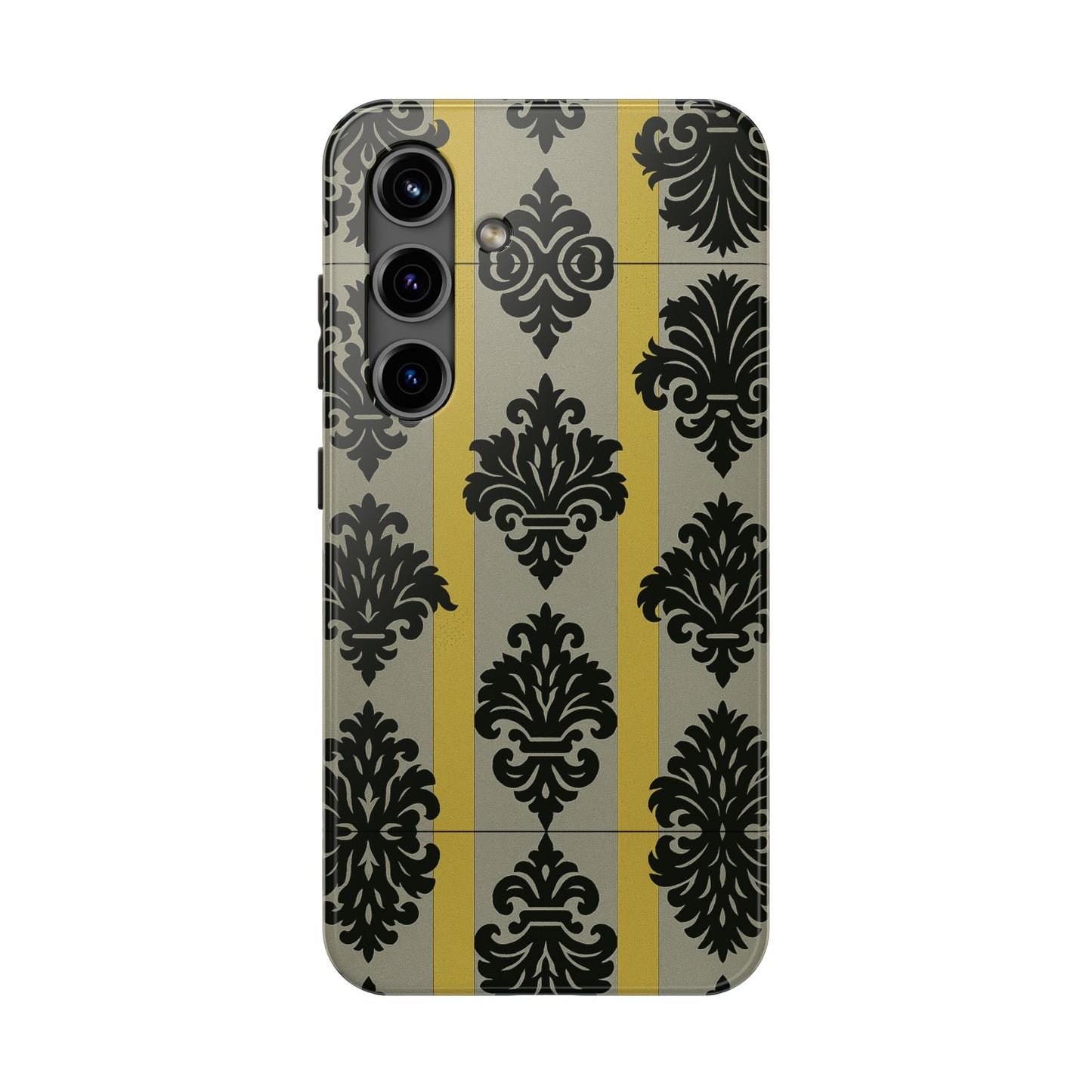 Elegant Baroque Tough Phone Cases | Chic Phone Protection | Gift for Her | Stylish Accessory | Holiday Gift Idea | Silver & Gold Striped Black Baroque