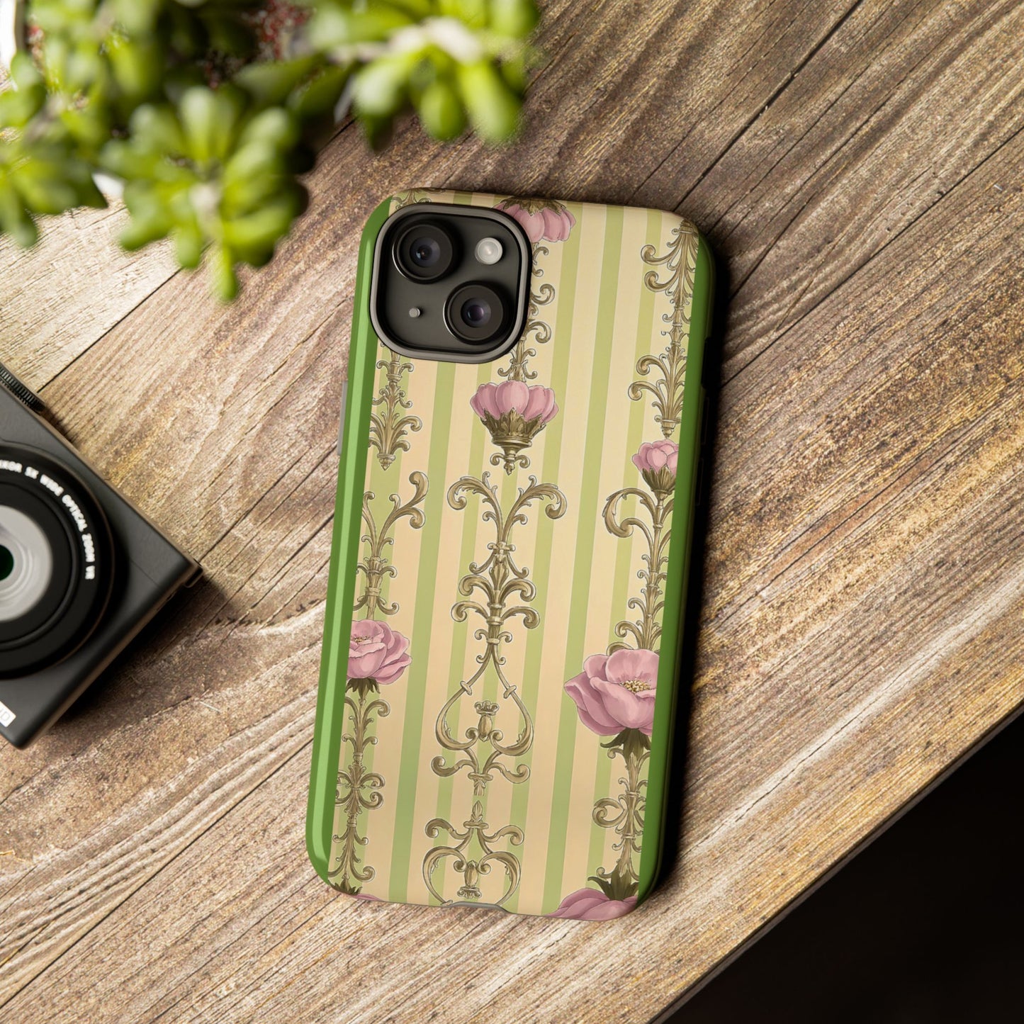 Elegant Floral Motif Phone Case - Tough Cases with Vintage Design - Lime Green & Pink Striped Damask