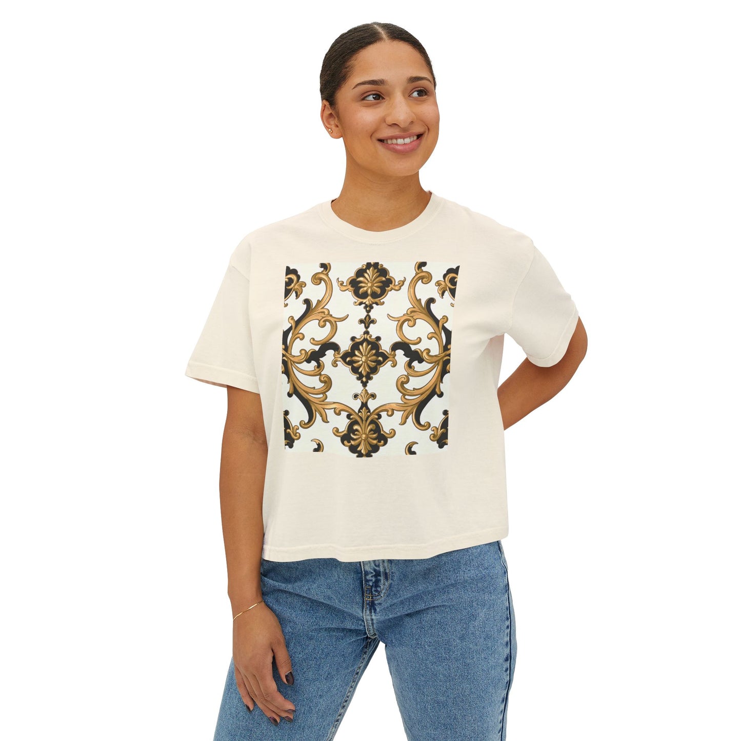 Chic Floral Women's Boxy Tee, Casual Fashion Top, Spring/Summer Essential, Relaxed Fit Tee, Vintage-Inspired Shirt - Black & Gold Rococo