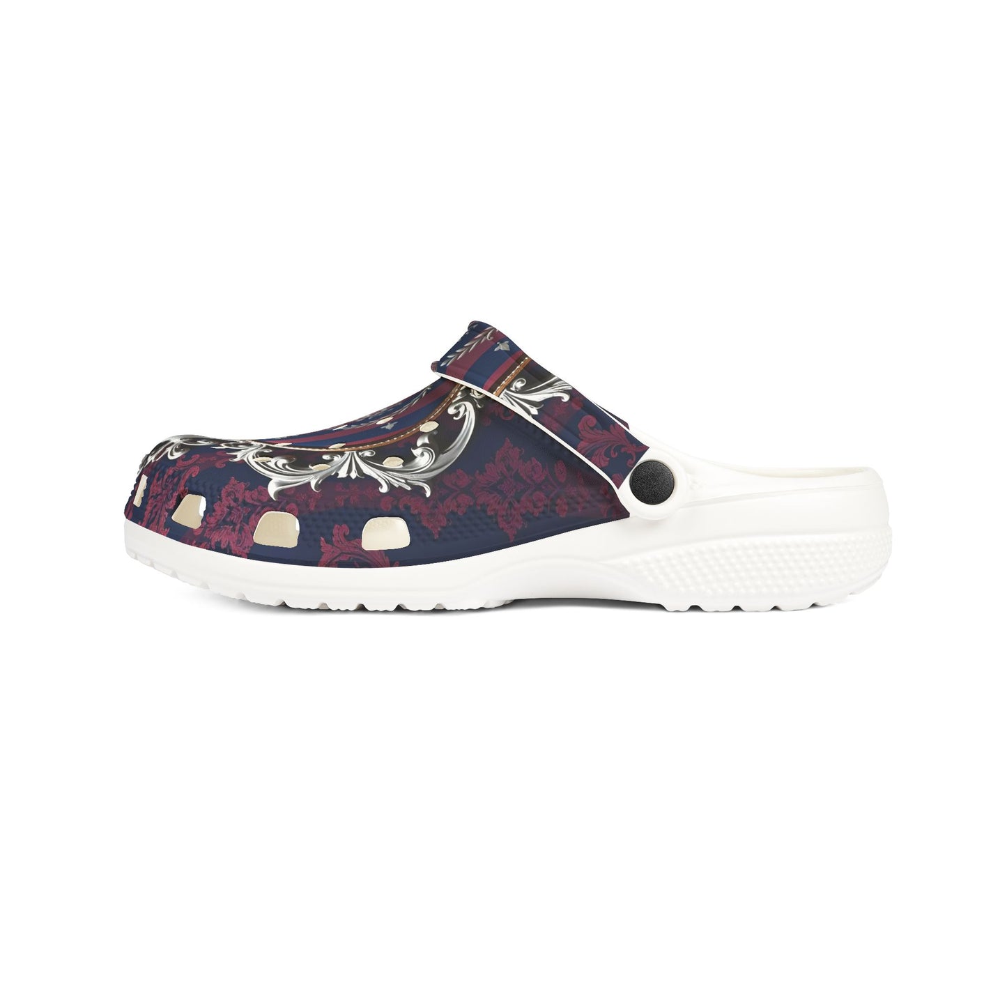 Stylish EVA Foam Rubber Clogs with Elegant Design, Comfortable Everyday Footwear, Fashionable Indoor Slippers - Blue & Plum Striped Silver Crest