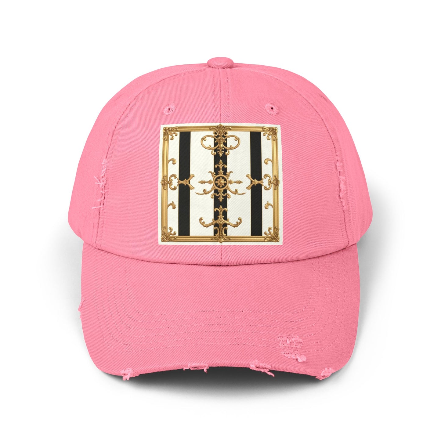Stylish Distressed Cap with Unique Gold Design, Trendy Hat, Casual Wear, Gift for Him/Her - Black & White Striped Gold Baroque