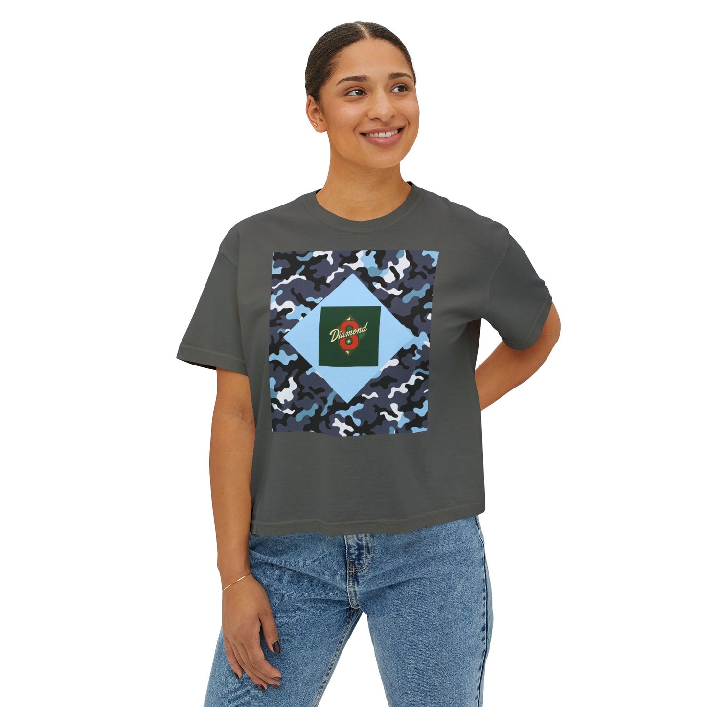 Camouflage Women's Boxy Tee, Casual Outfit, Relaxed Style Tee, Everyday Wear, Gift for Her, Comfortable Top - Blue Camo Diamond 8