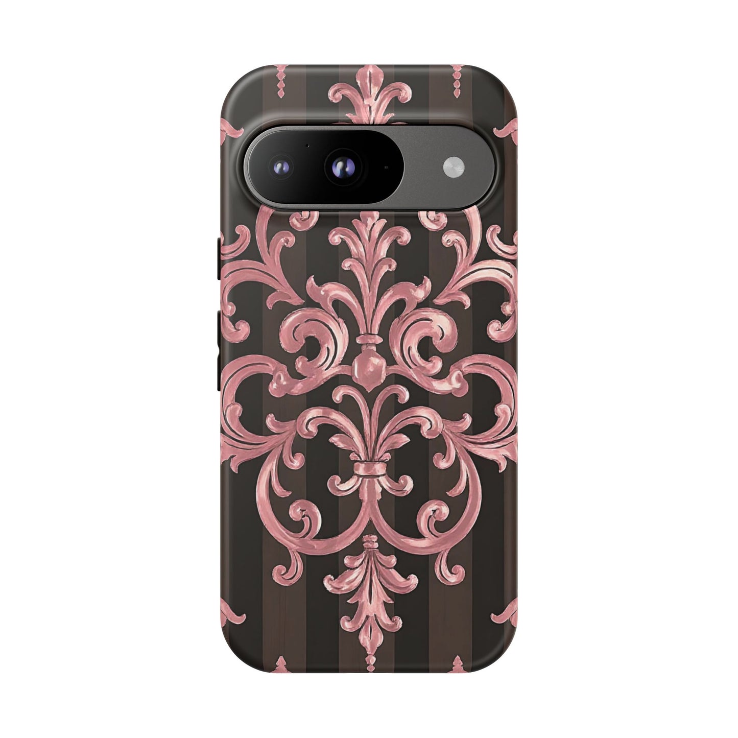 Elegant Floral Motif Phone Case - Tough Cases with Vintage Design - Brown Striped Mauve Damask