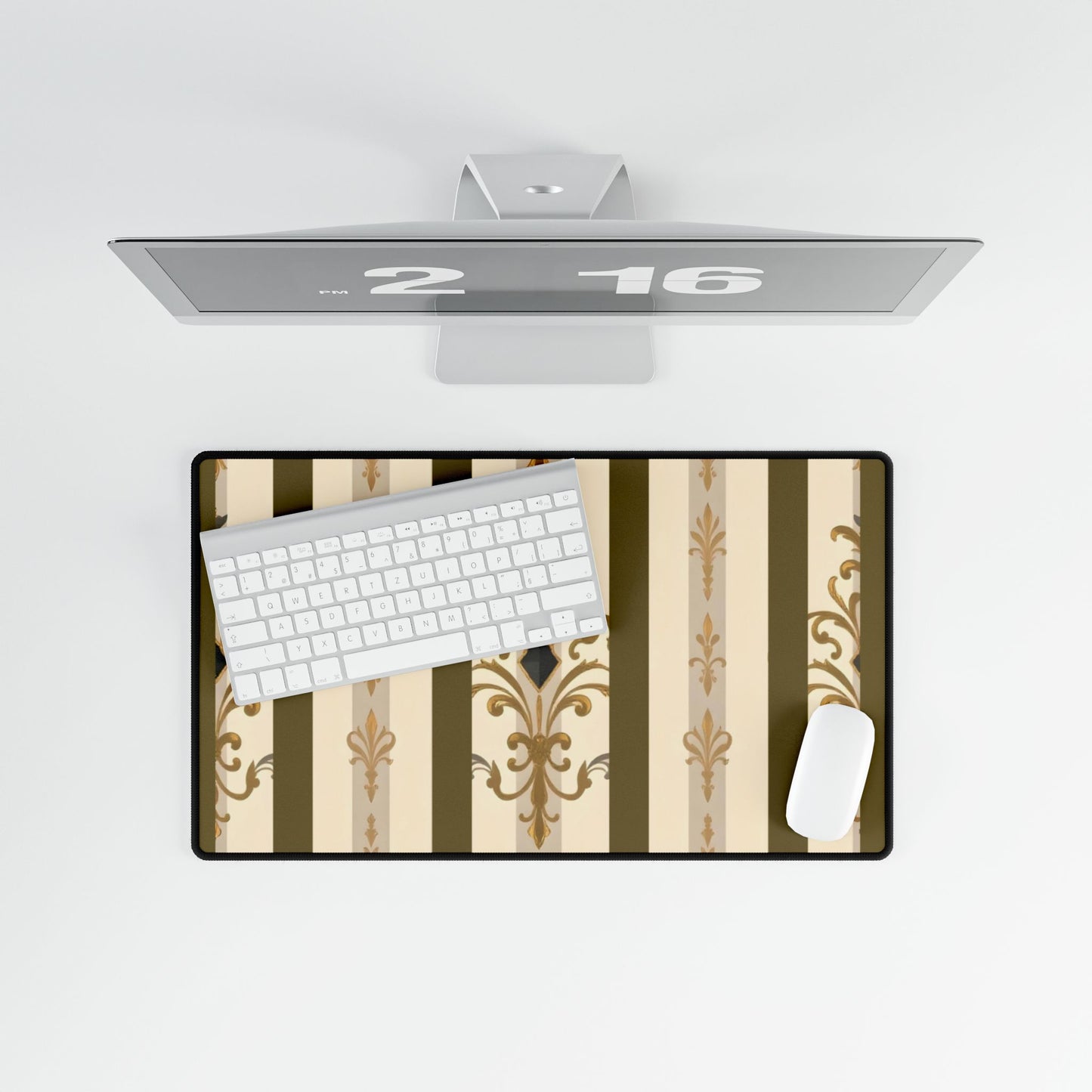 Elegant Floral Motif Desk Mat for Home Office Decor - Olive Striped Gold Damask