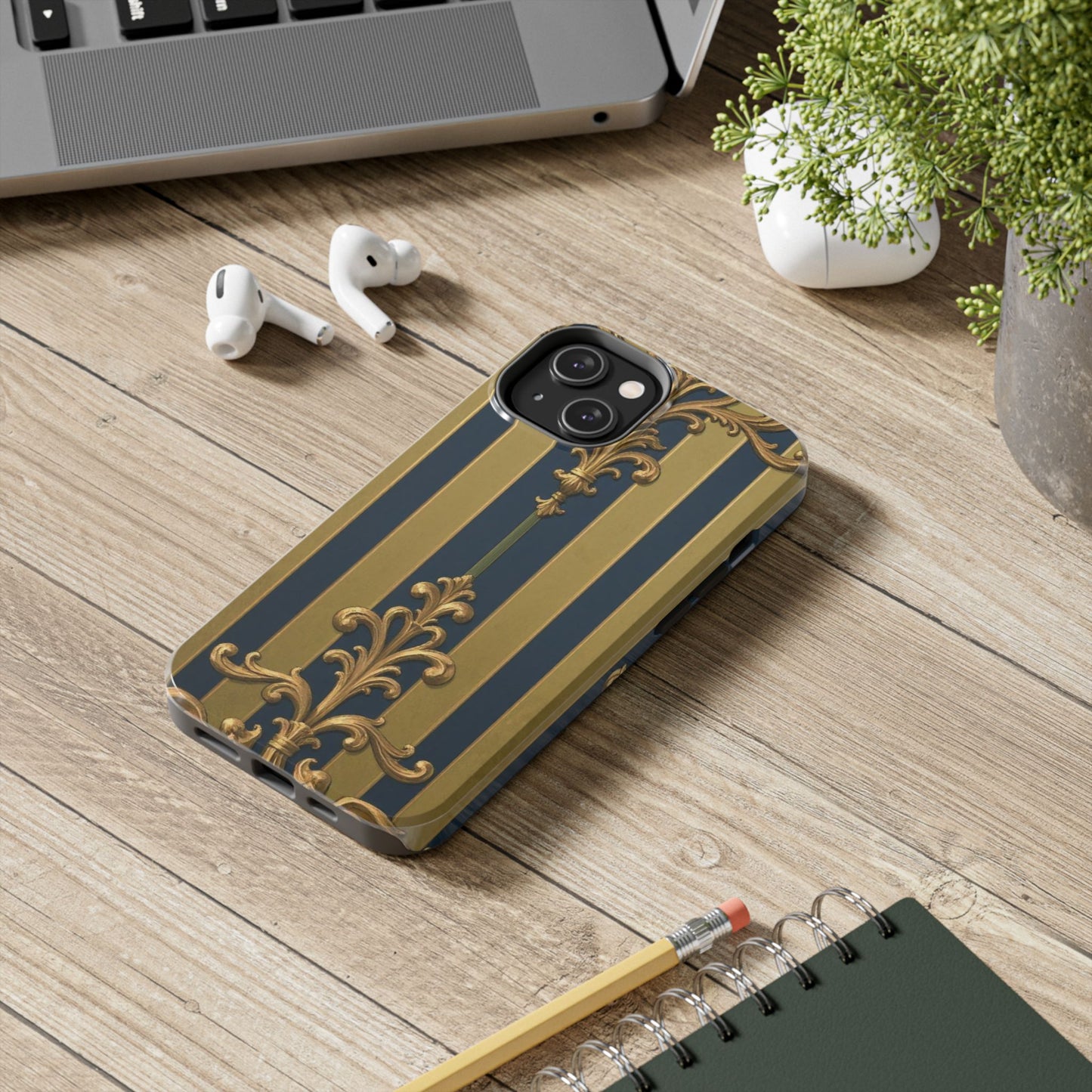 Elegant Midnight Blue & Olive Striped Gold Baroque Tough Phone Case, Phone Cover, Durable Case for Protection, Stylish Gift for Him/Her