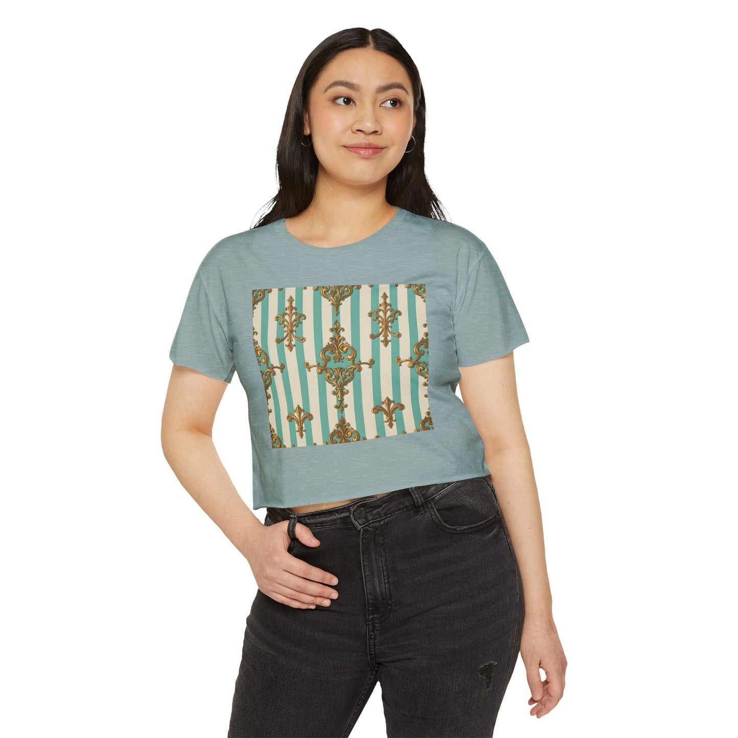 Boho Chic Women's Festival Crop Top - Trendy Summer Wear, Beach Party Fashion - Matte Green Striped Rococo