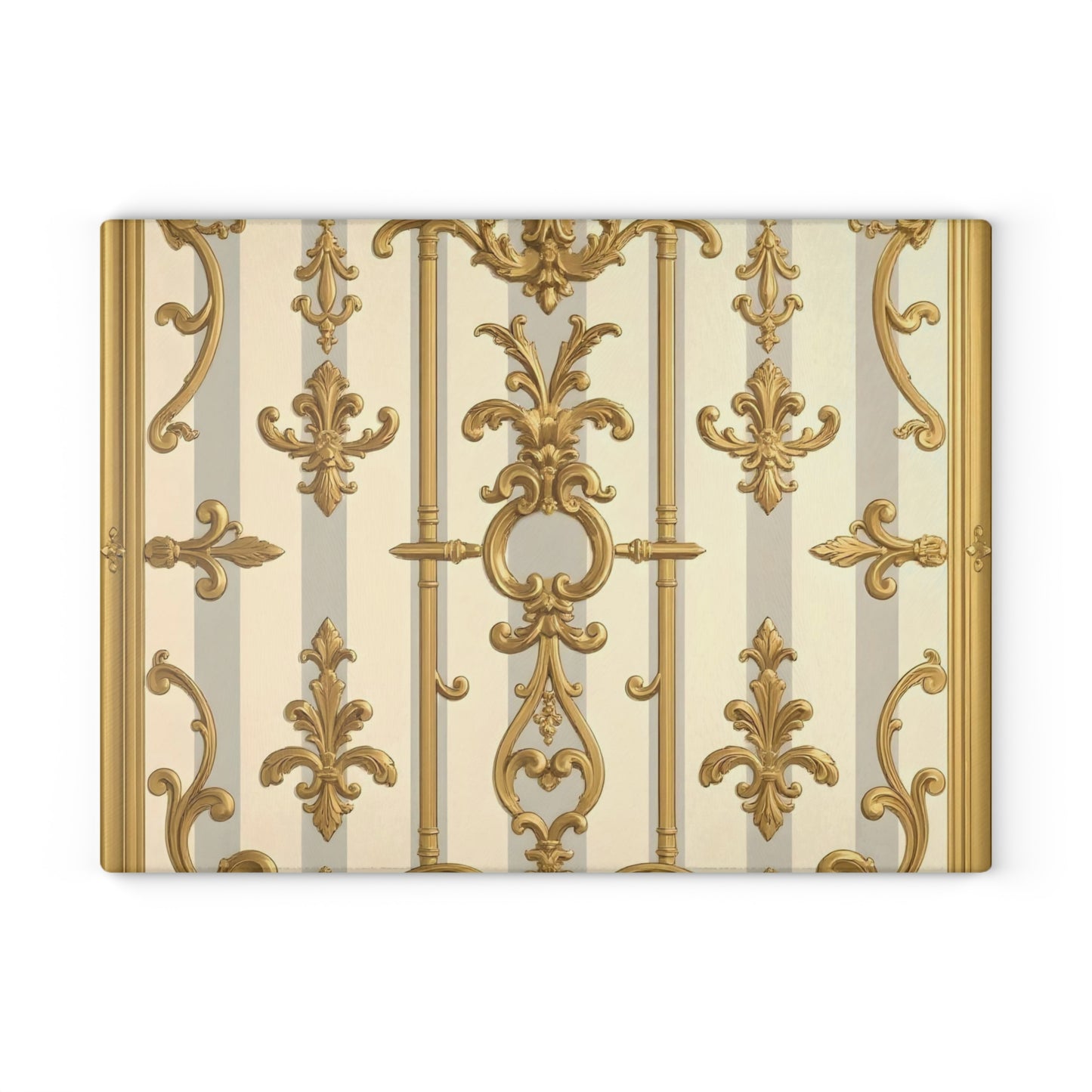 Ornate Glass Cutting Board - Elegant Kitchen Decor, Wedding Gift, Home Cook Gift - Matte Gray & Cream Striped Gold Baroque