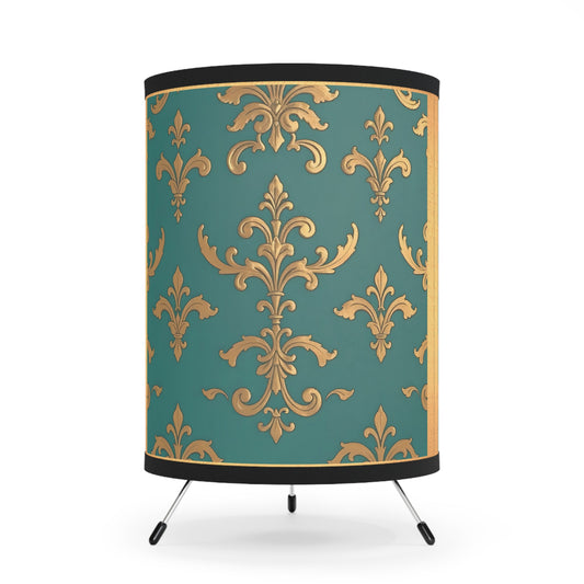 Elegant Tripod Lamp with Vintage Floral Print Shade - High-Res Home Accent - Aqua & Gold Damask