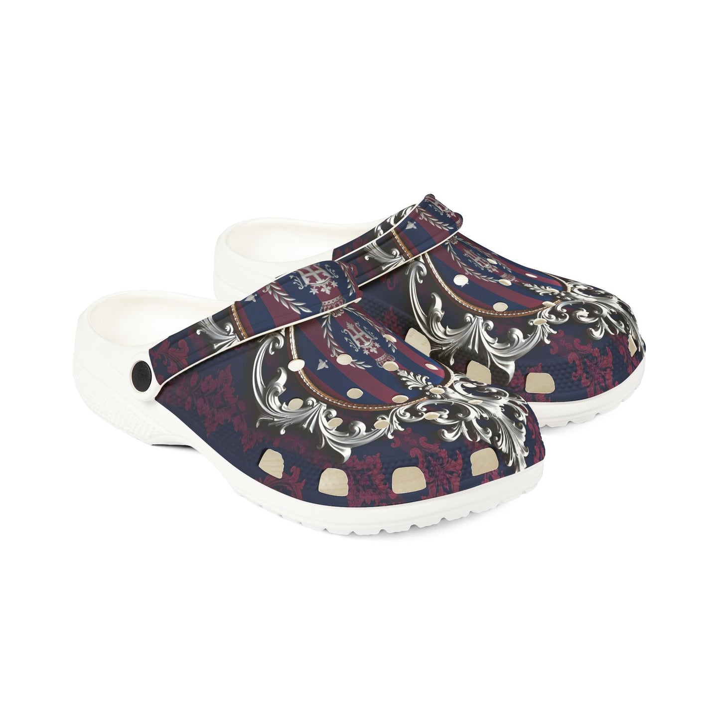 Stylish EVA Foam Rubber Clogs with Elegant Design, Comfortable Everyday Footwear, Fashionable Indoor Slippers - Blue & Plum Striped Silver Crest