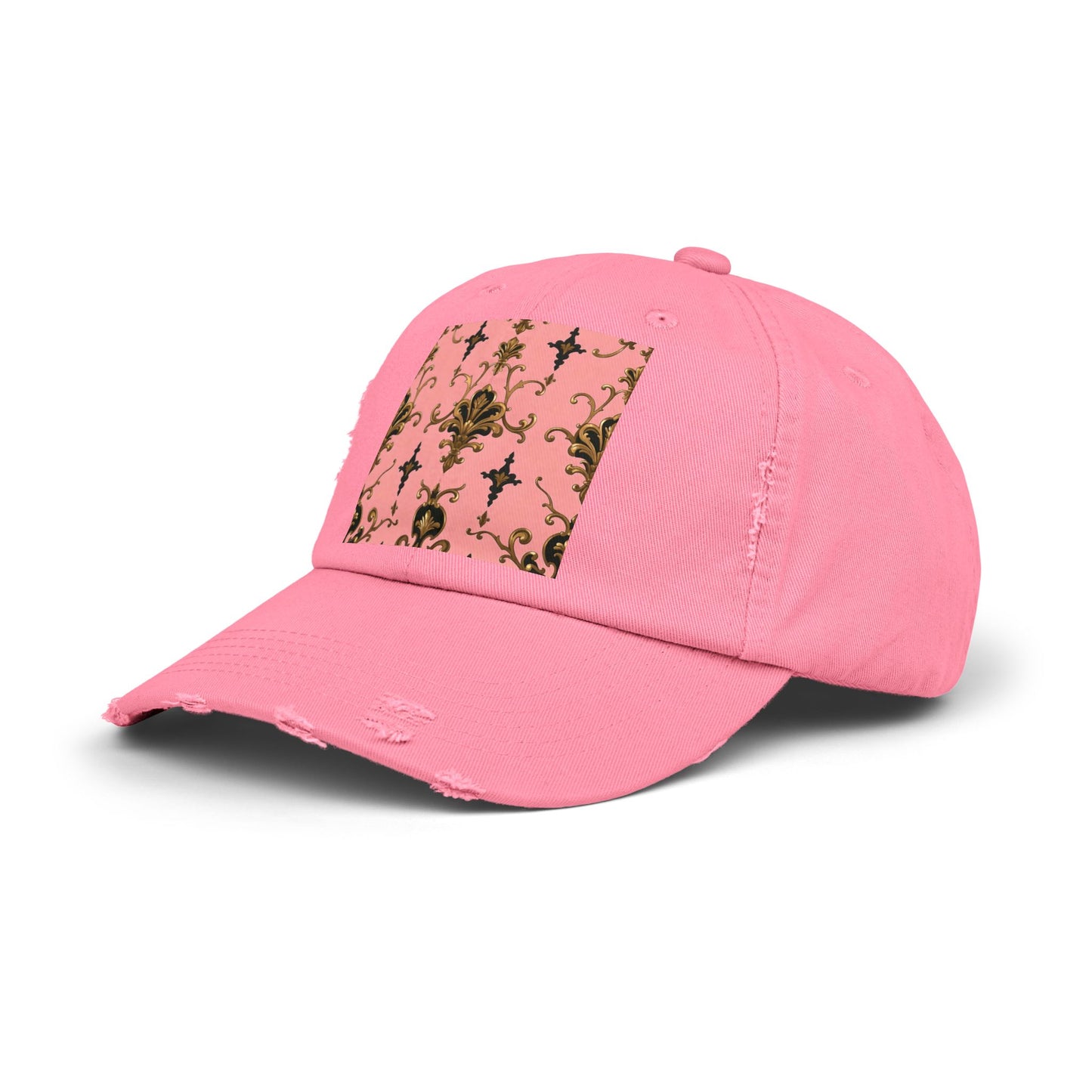 Chic Distressed Cap, Fashionable Baseball Hat, Casual Summer Headwear - Pink, Black & Gold Rococo