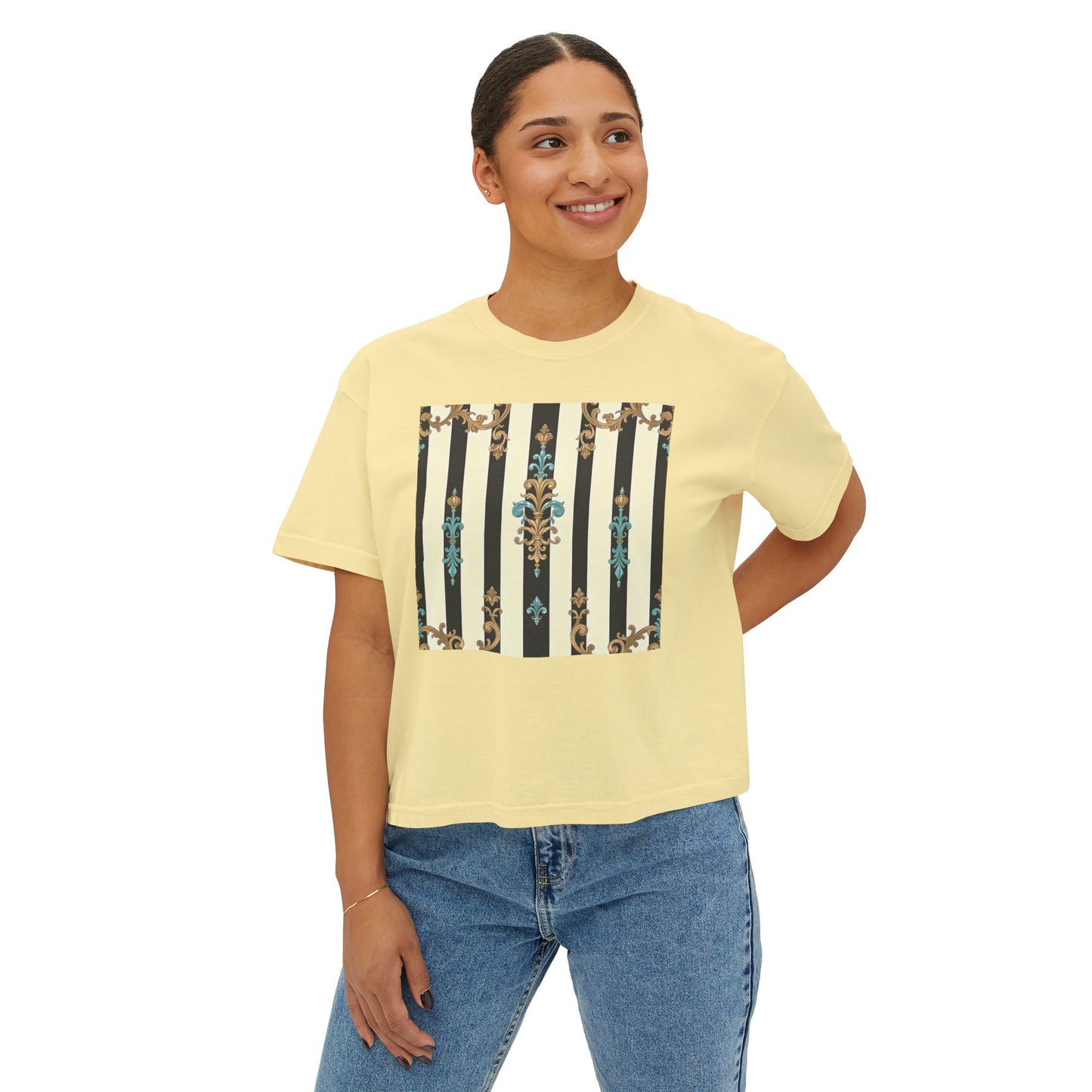 Women's Boxy Tee with Vintage Floral Design, Casual Tee, Summer Top, Gift for Her, Trendy T-Shirt - Black Striped Turquoise & Black Rococo