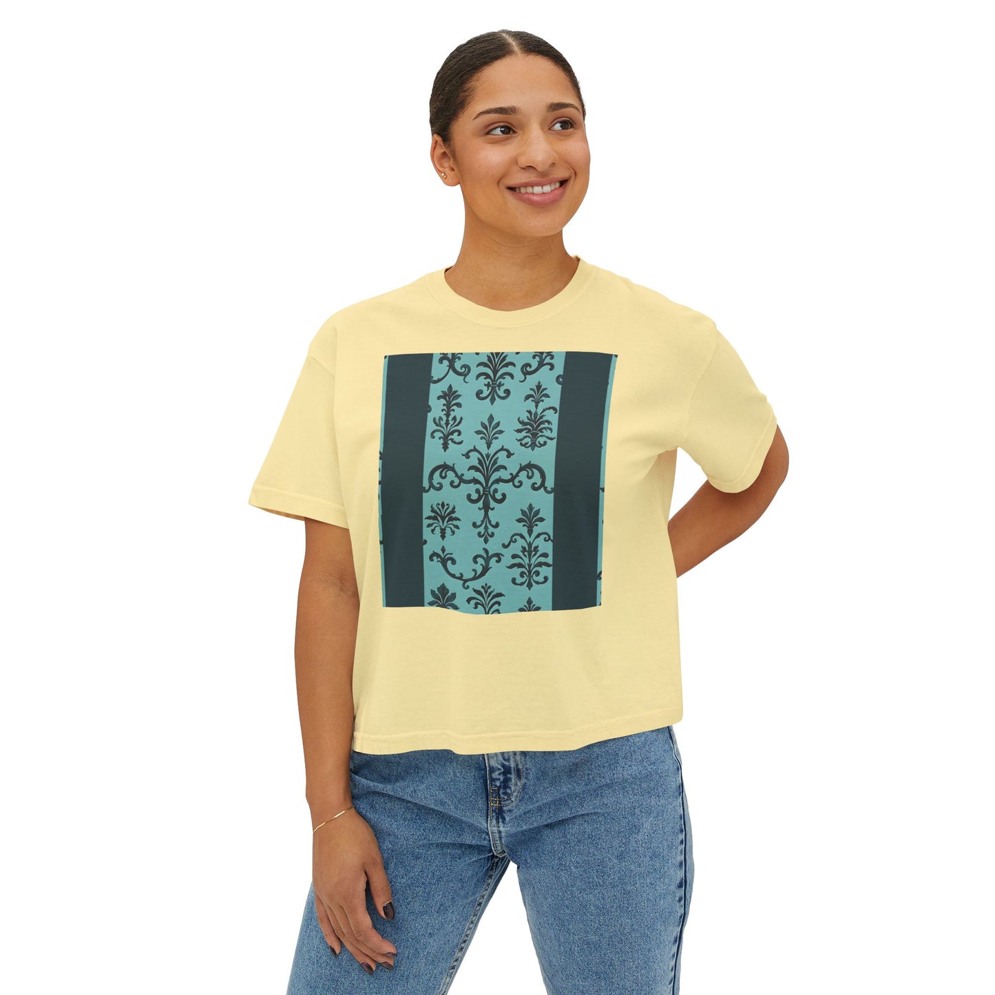 Women's Boxy Tee with Vintage Floral Design, Casual Top, Everyday Wear, Gifts for Her, Summer Fashion, Vintage Style T-Shirt - Teal Striped Rococo