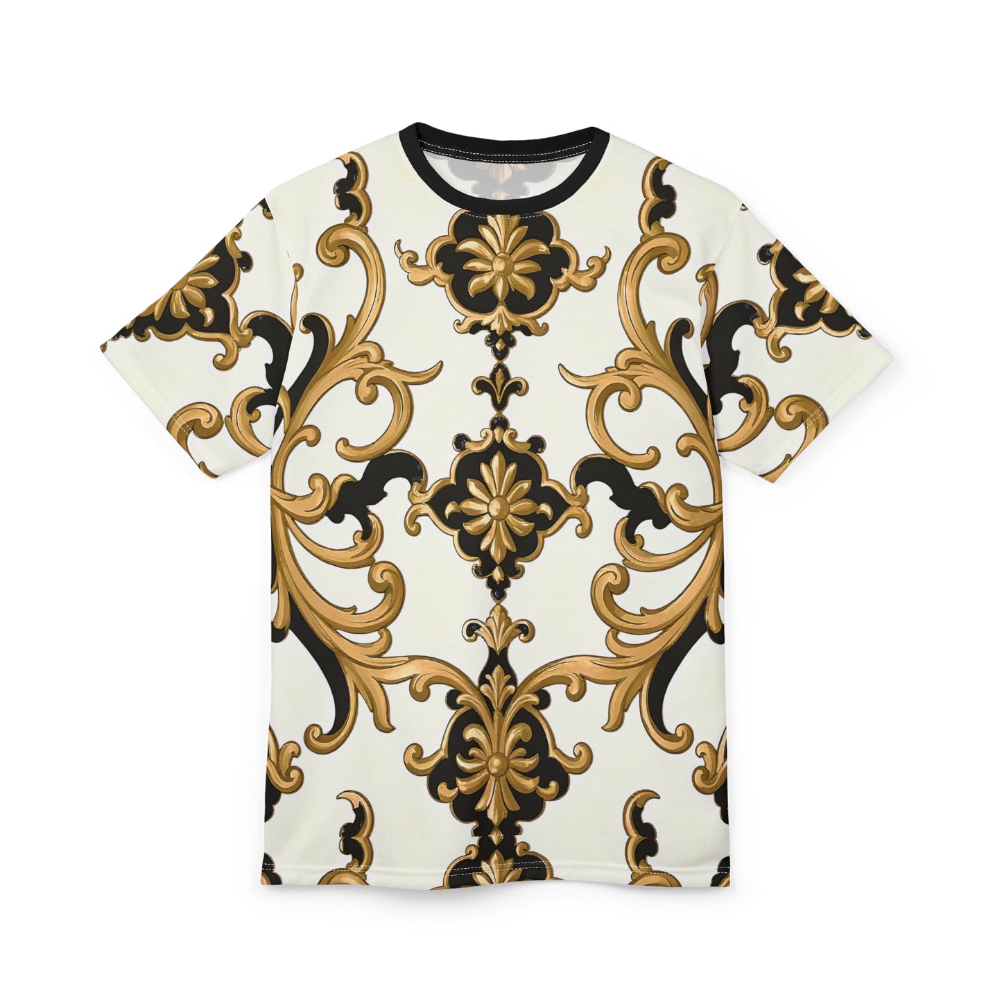 Elegant Baroque Print Tee, Unisex Fashion Top, Stylish Casual Wear, Perfect Gift for Fashion Lovers - Black & Gold Rococo