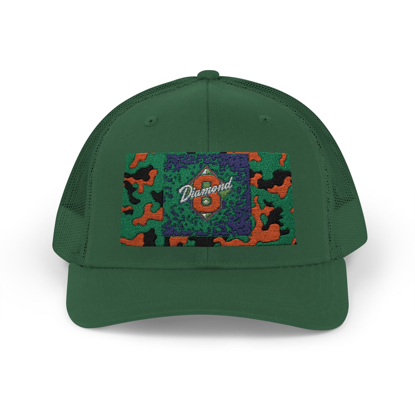 Colorful Camouflage Snapback Trucker Cap, Casual Hat, Outdoor Gear, Unisex Headwear, Gift for Him/Her - Green & Orange Camo Diamond 8