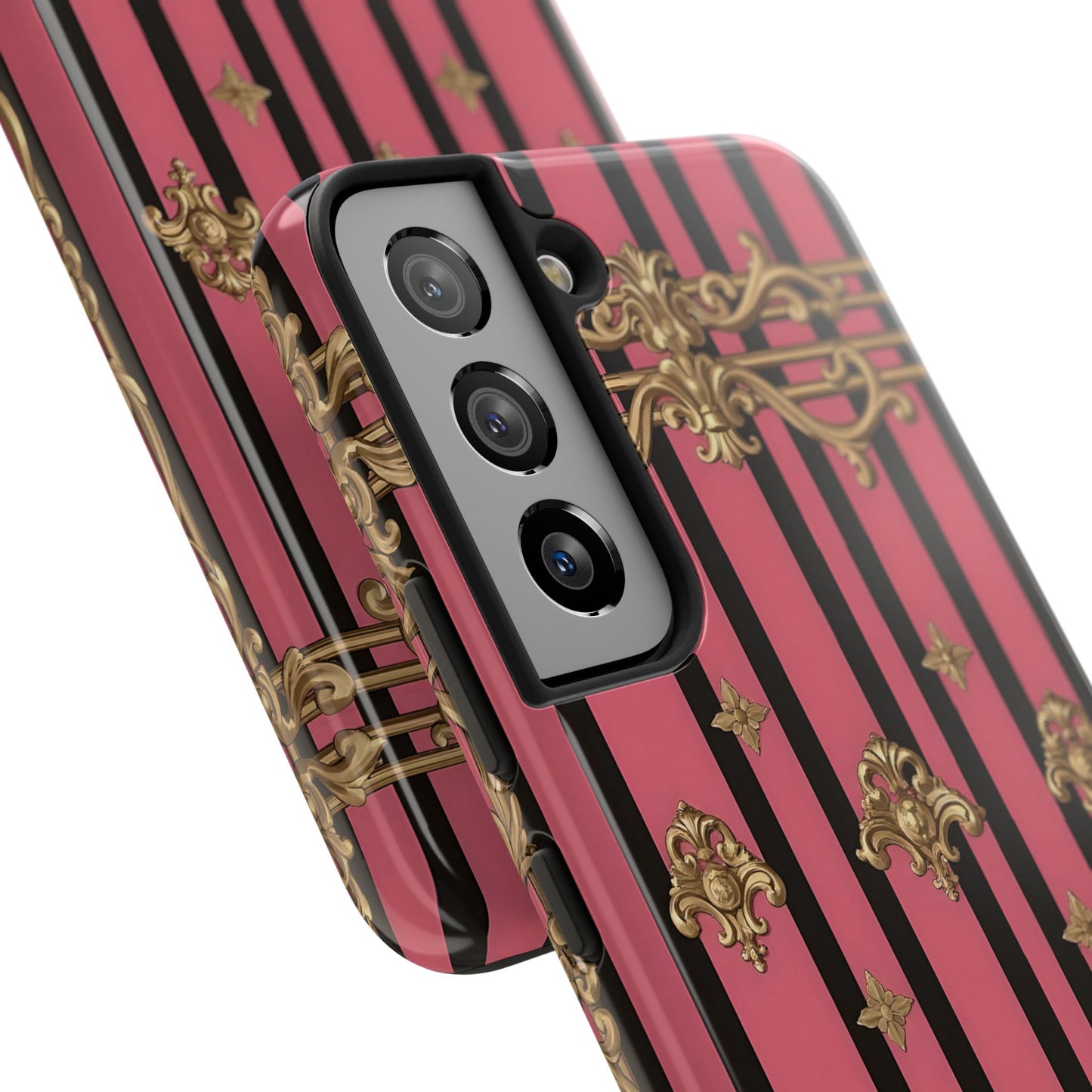 Elegant Floral Phone Cases, Stylish Protective Case for Trendy Individuals, Unique Gift for Tech Lovers, Phone Accessories - Pink Striped Gold Rococo