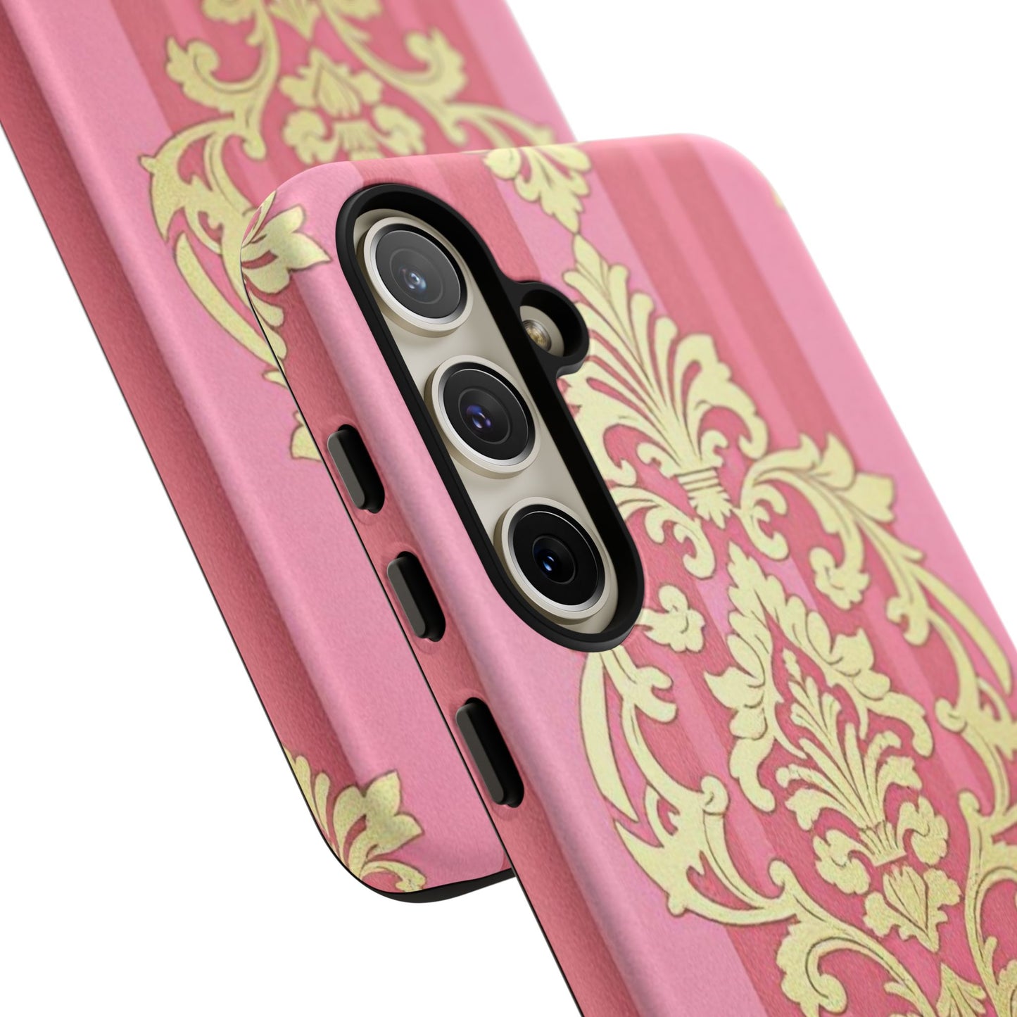 Elegant Floral Motif Phone Case - Tough Cases with Vintage Design - Pink Striped Damask