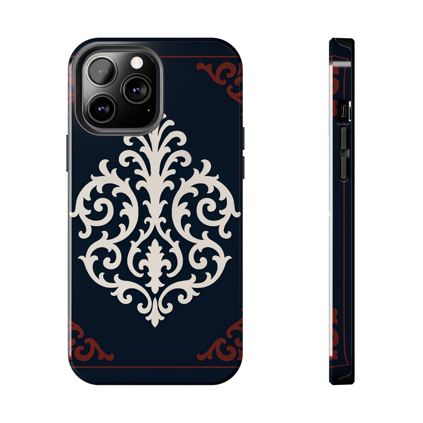 Dusk Blue-Maroon & White Baroque Tough Phone Case — Vintage Scroll Design