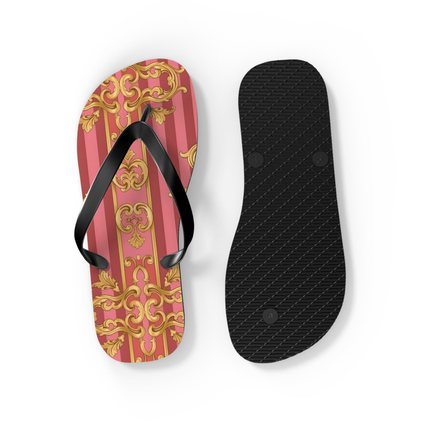 Elegant Floral Flip Flops, Summer Sandals, Beach Accessories, Vacation Footwear, Stylish Slip-Ons - Pink Striped Gold Baroque