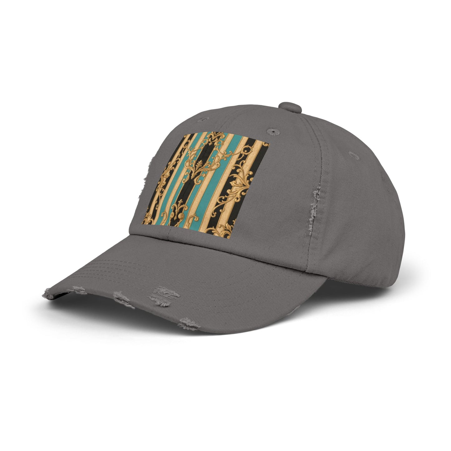 Distressed Black, Tan & Ocean Green Striped Gold Baroque Cap with Elegant Stripe Design | Vintage-Inspired Accessories, Unisex Casual Hat