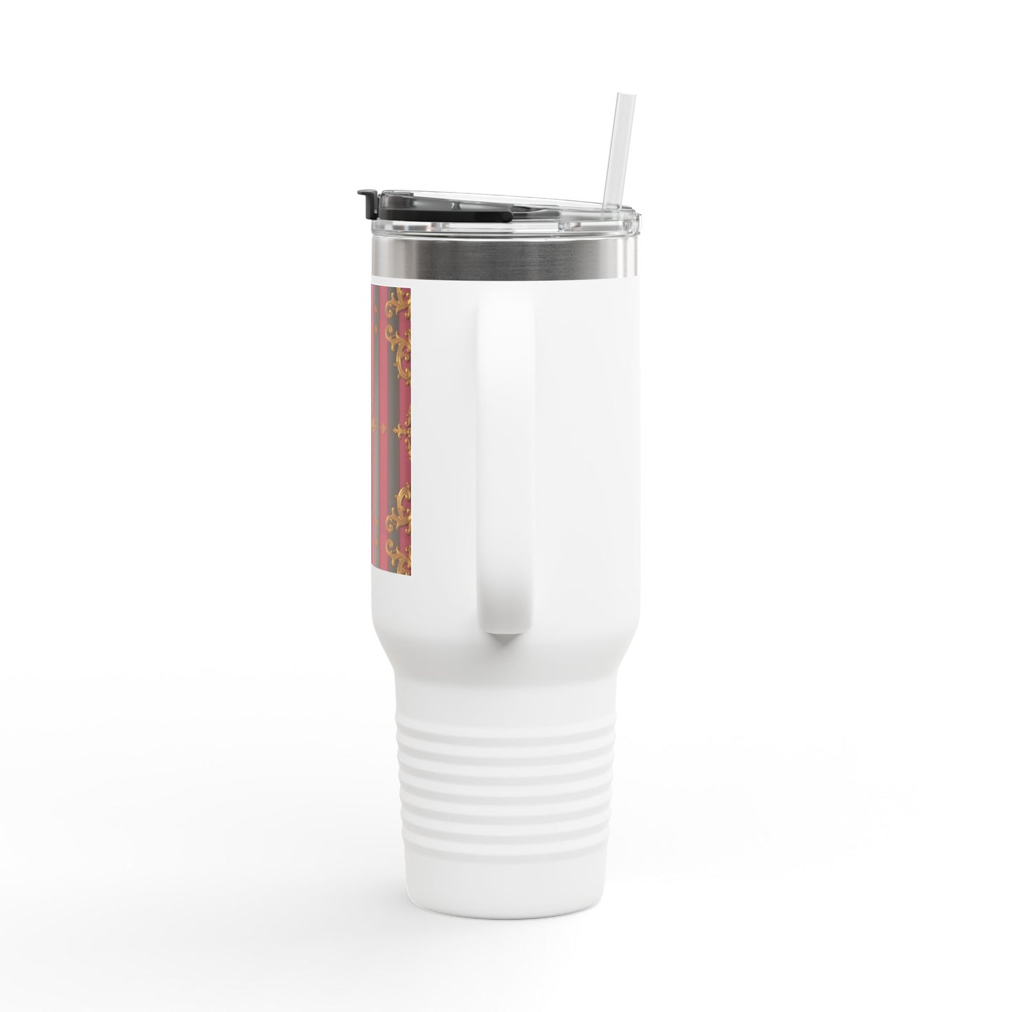 Elegant Black & Mauve Striped Gold Baroque Insulated Travel Mug, 40oz | Stylish Striped Travel Cup | Perfect for On-the-Go | Great Road Trips, and Work