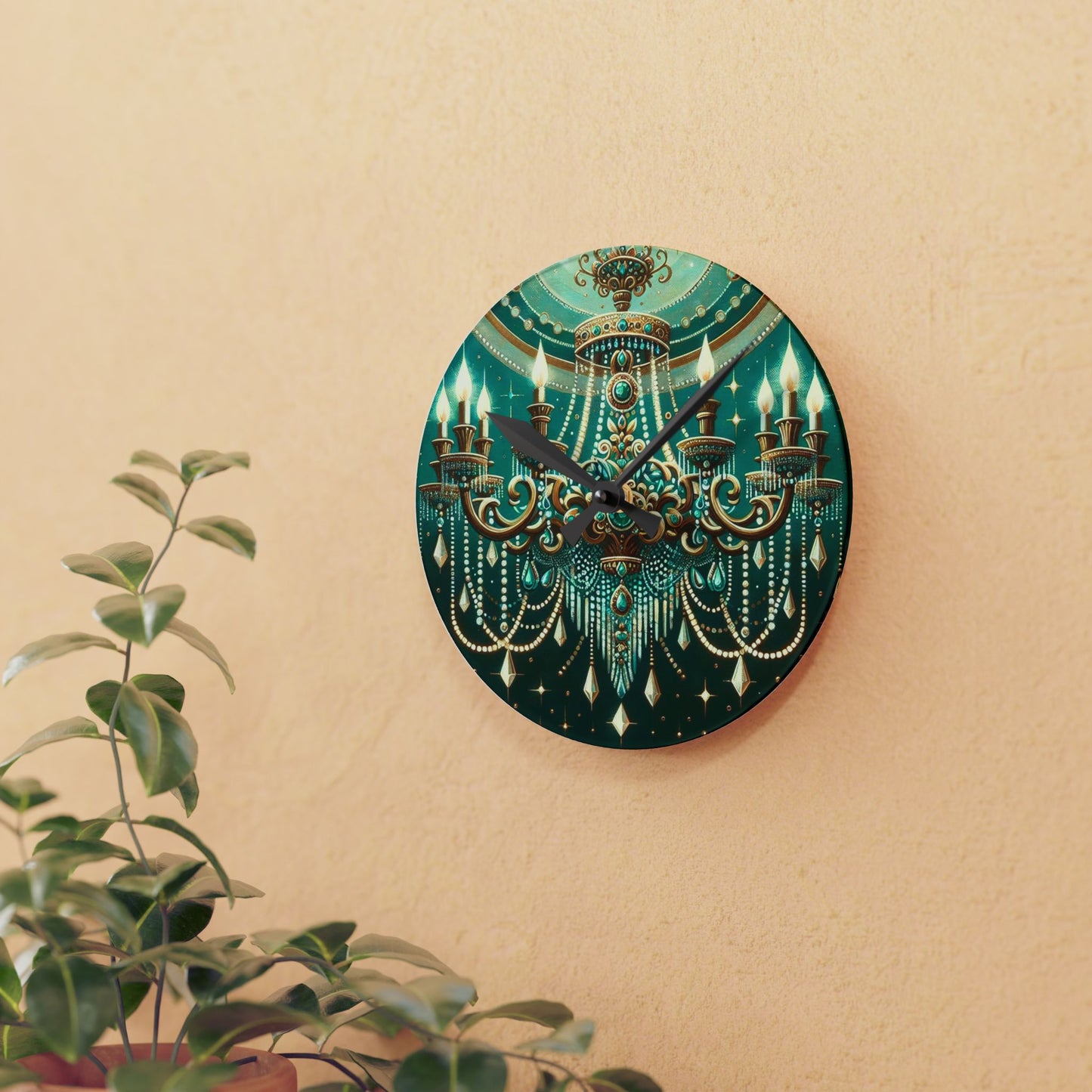 Chic Chandelier Acrylic Wall Clock, Elegant Home Decor, Modern Timepiece, Unique Gift, Wall Art - Green & Gold Jeweled Chandelier