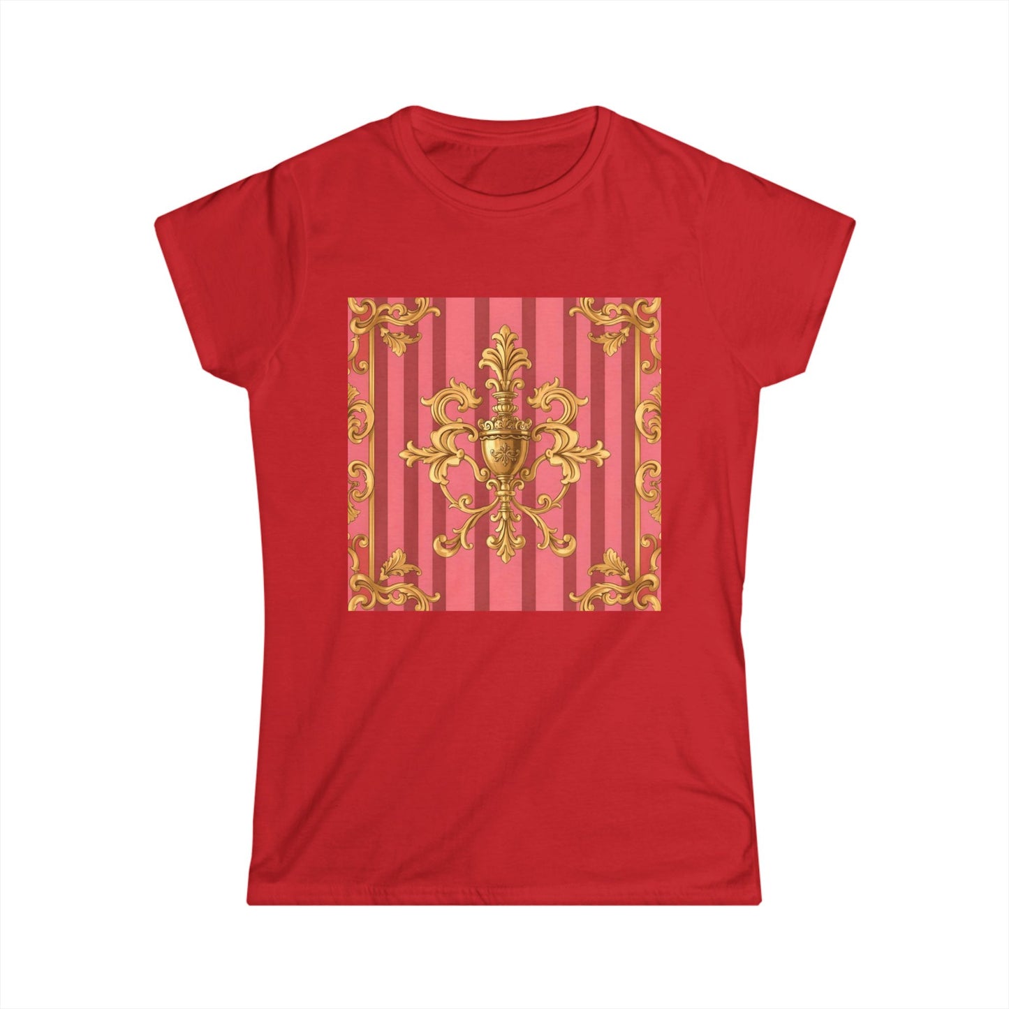 Chic Baroque Pattern Women's Softstyle Tee, Casual Summer Fashion, Gift for Her, Elegant Everyday Wear - Pink Striped Gold Baroque