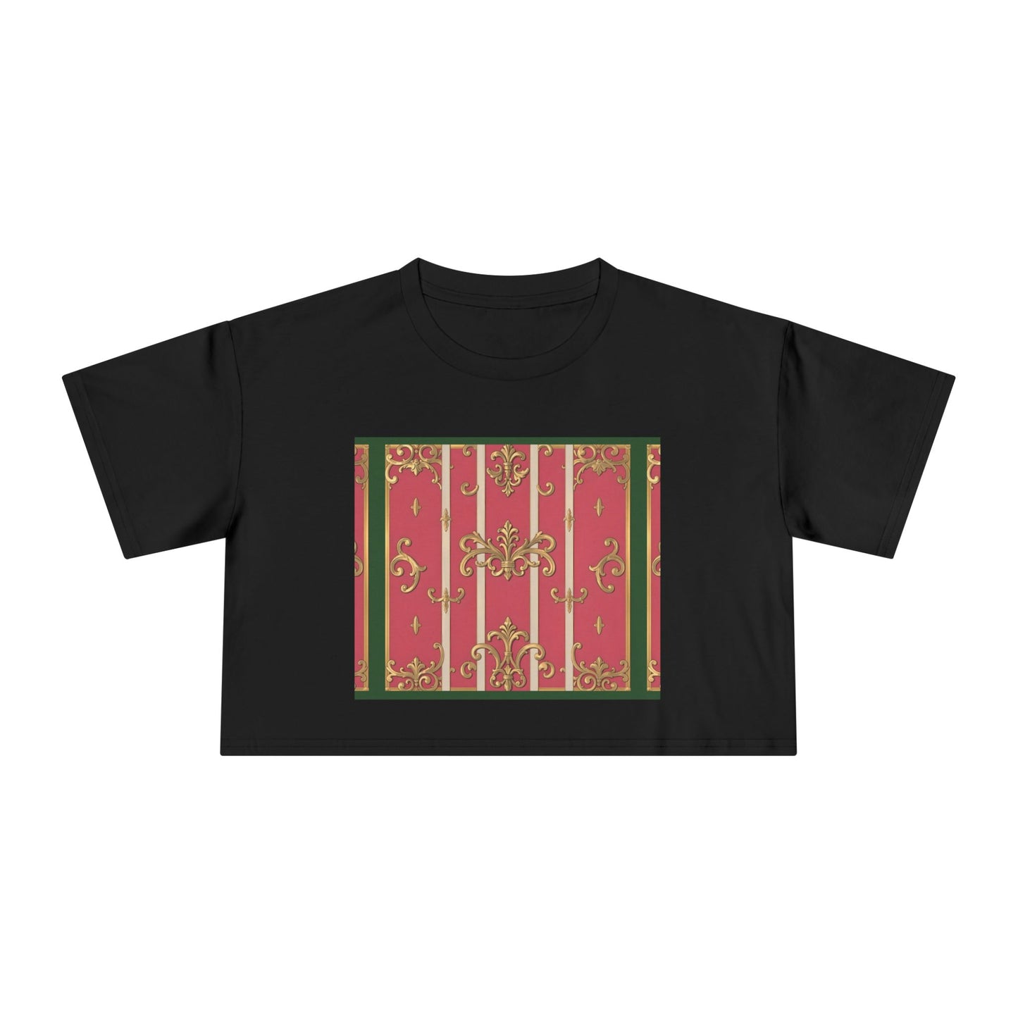 Chic Green Border Pink Striped Baroque Women's Crop Tee - Vintage Style Shirt for Casual Outings, Holidays, Gift Ideas, Spring Fashion, Trendy Top