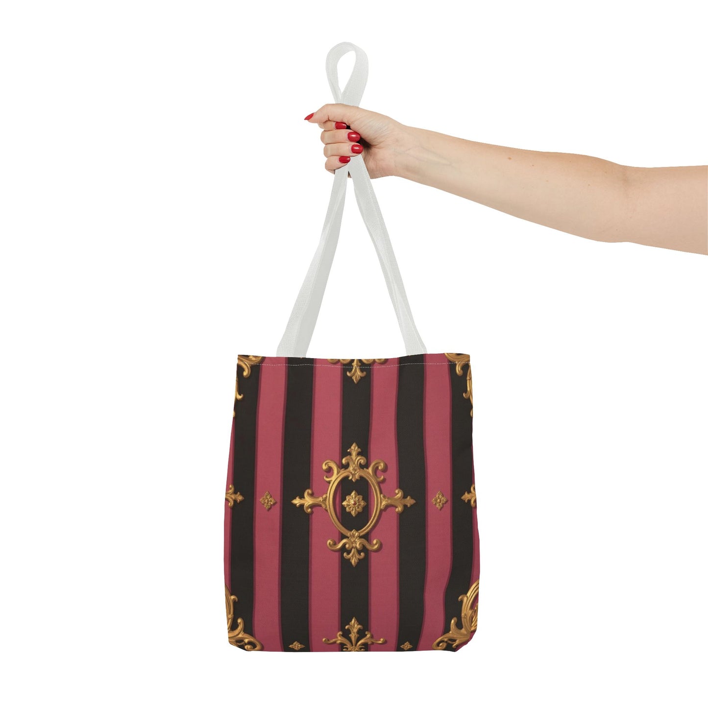 Elegant Black & Mauve Striped Gold Baroque Tote Bag - Chic Fashion Accessory, Shopping Companion, Decorative Carryall, Stylish Everyday Use