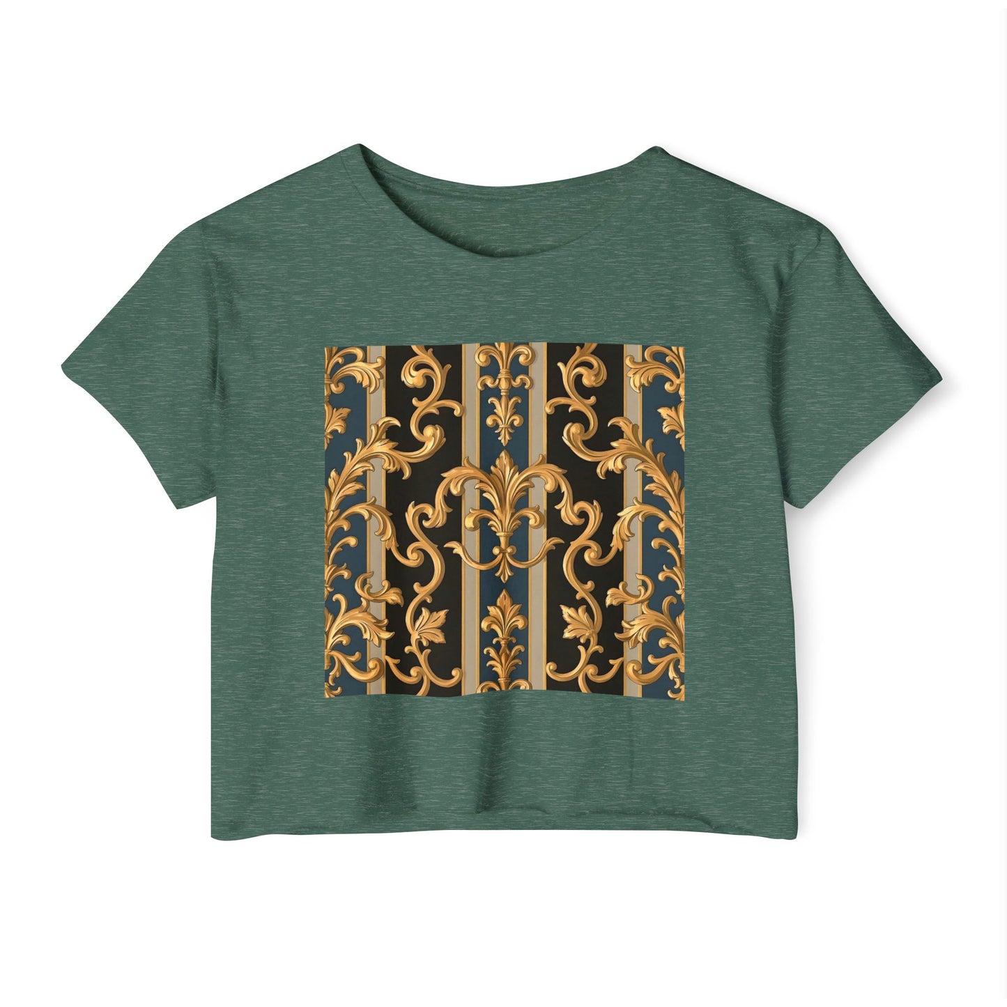 Women’s Festival Crop Top with Stylish Floral Pattern - Summer Outfit, Boho Chic, Concert Wear - Blue & Black Striped Rococo