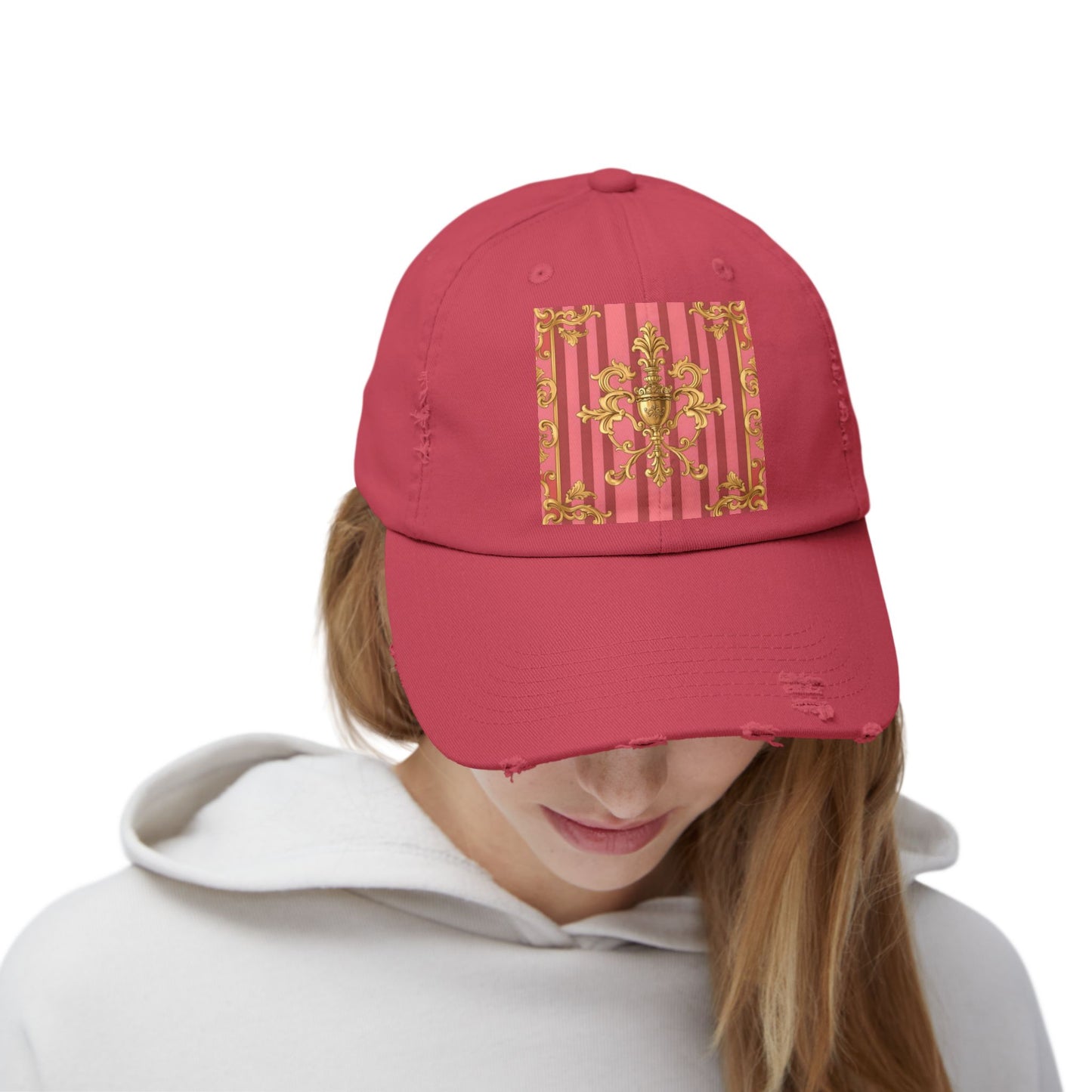 Chic Distressed Unisex Cap - Trendy Accessories for Style Lovers, Everyday Wear, Fashion Statement, Birthday Gift - Pink Striped Gold Baroque