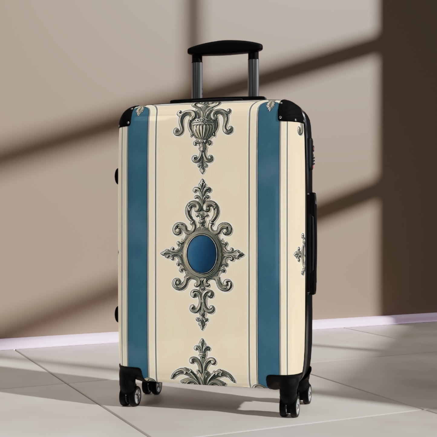 Elegant Vintage Style Suitcase for Travel - Alabaster & Ocean Blue Baroque