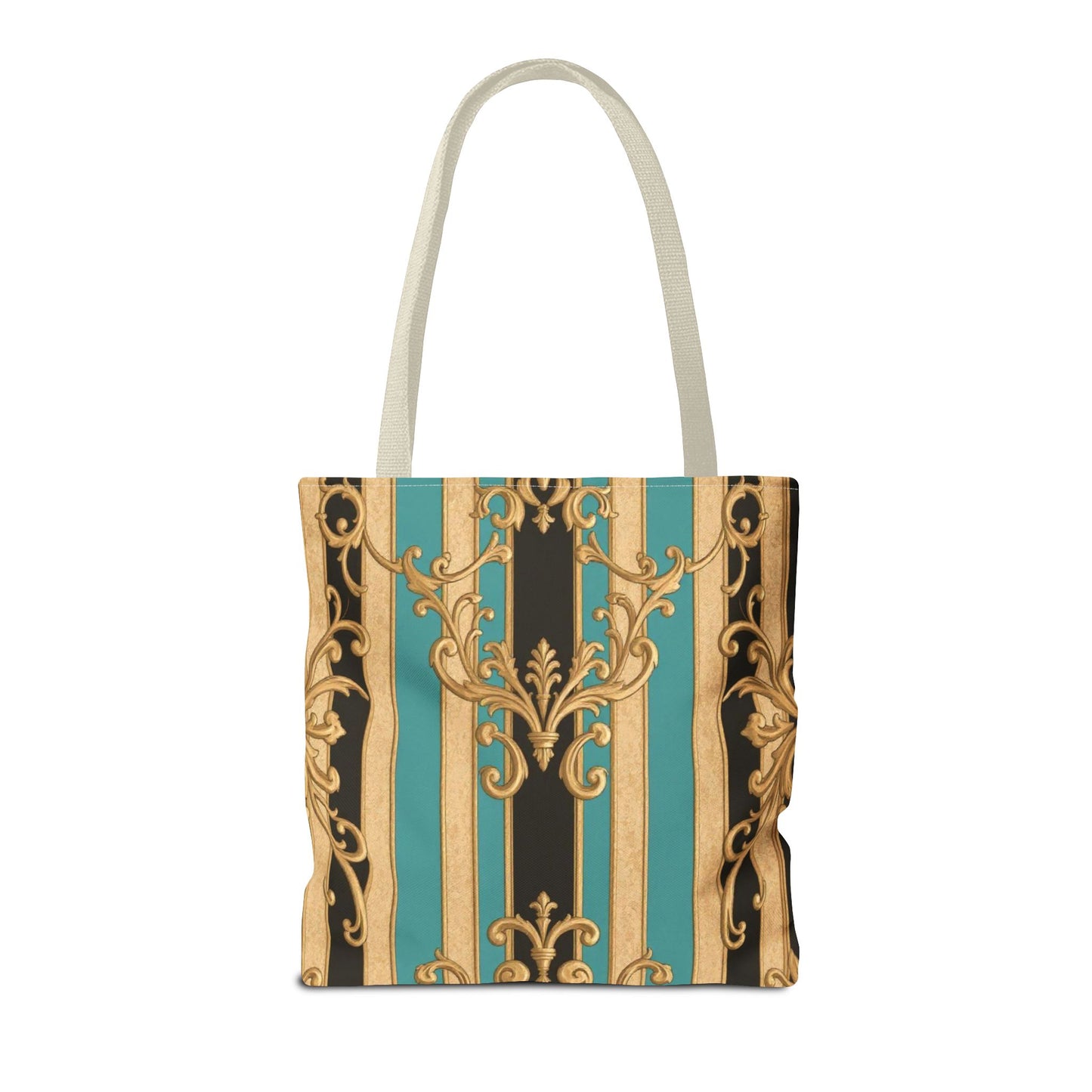 Elegant Black, Tan & Ocean Green Striped Gold Baroque Vintage Pattern Tote Bag, Stylish Carryall, Fashionable Handbag, Perfect Gift for Mother’s Day
