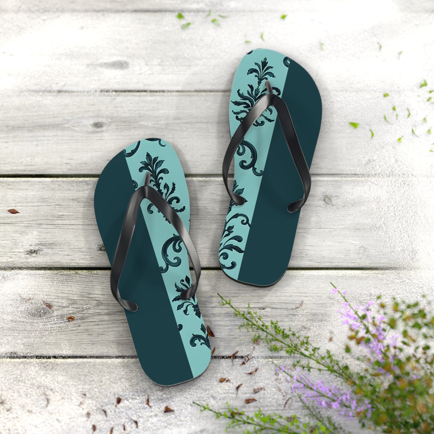 Chic Vintage-Inspired Flip Flops | Summer Footwear, Beach Essentials, Stylish Sandals, Vacation Ready, Gift for Her - Teal Striped Rococo