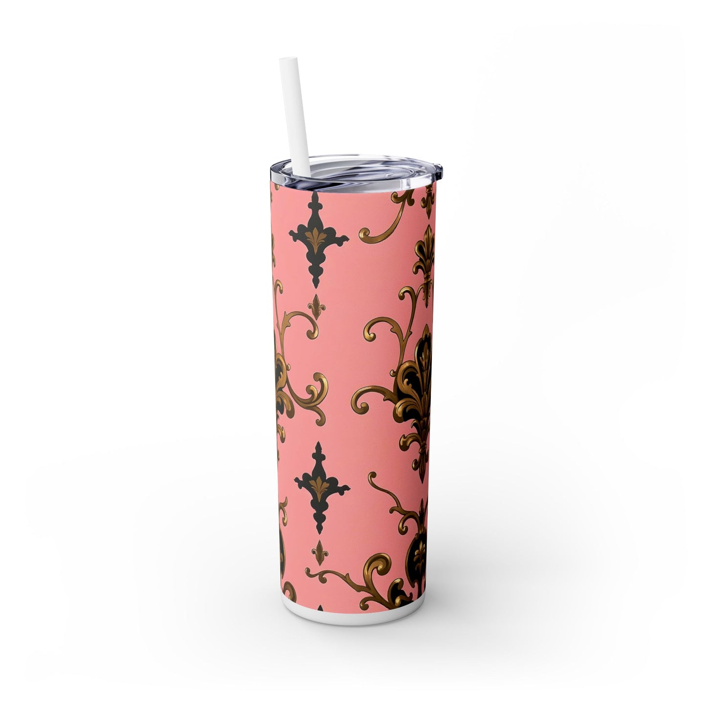 Elegant Pink Damask Skinny Tumbler, 20oz Drinkware, Stylish Reusable Cup, Travel Mug, Gift for Her, Home Decor - Pink, Black & Gold Rococo